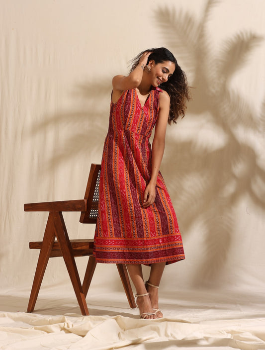 Bhavya- Multicolor handwoven ikat midi dress