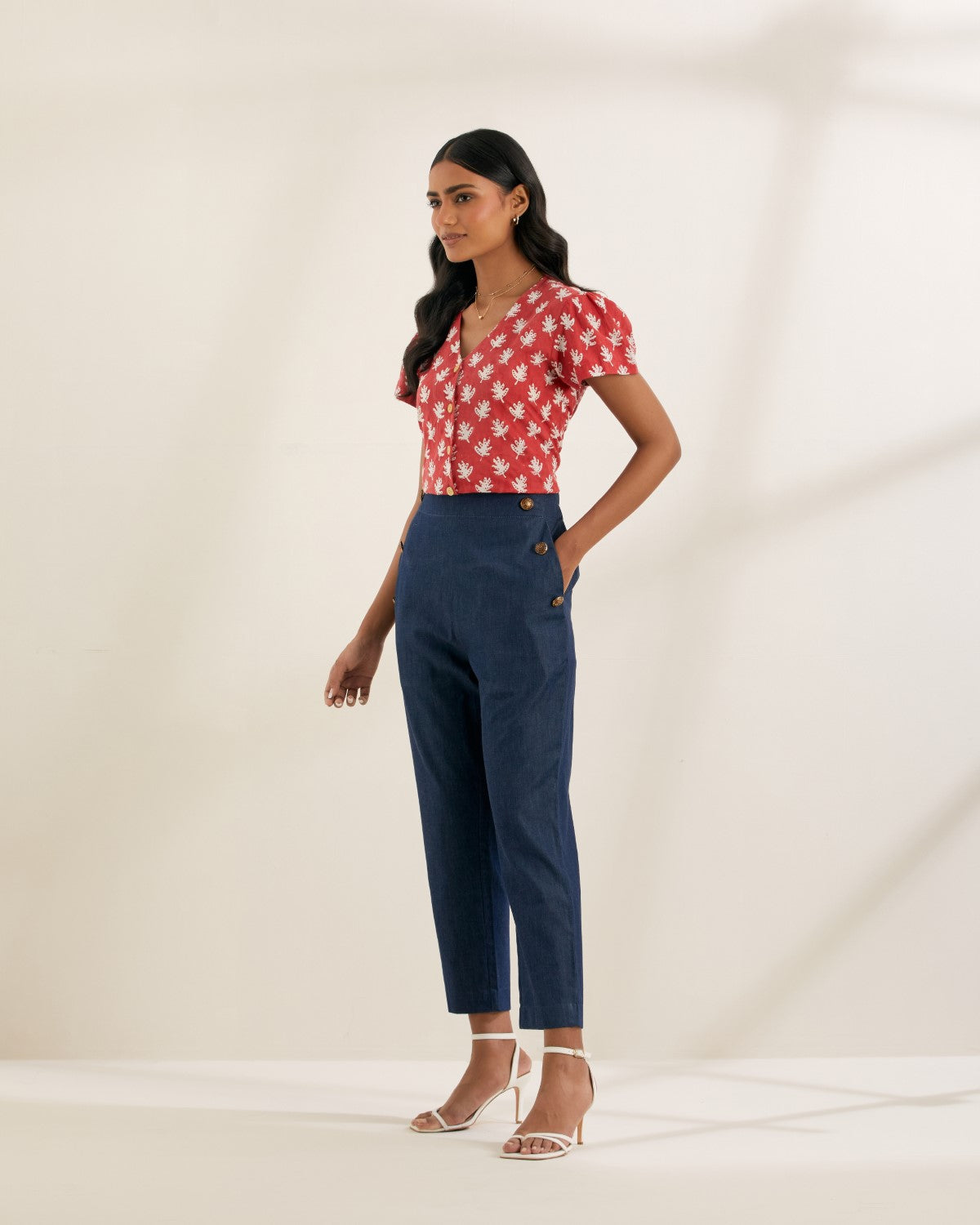 BERRY- Red button down top with denim pants