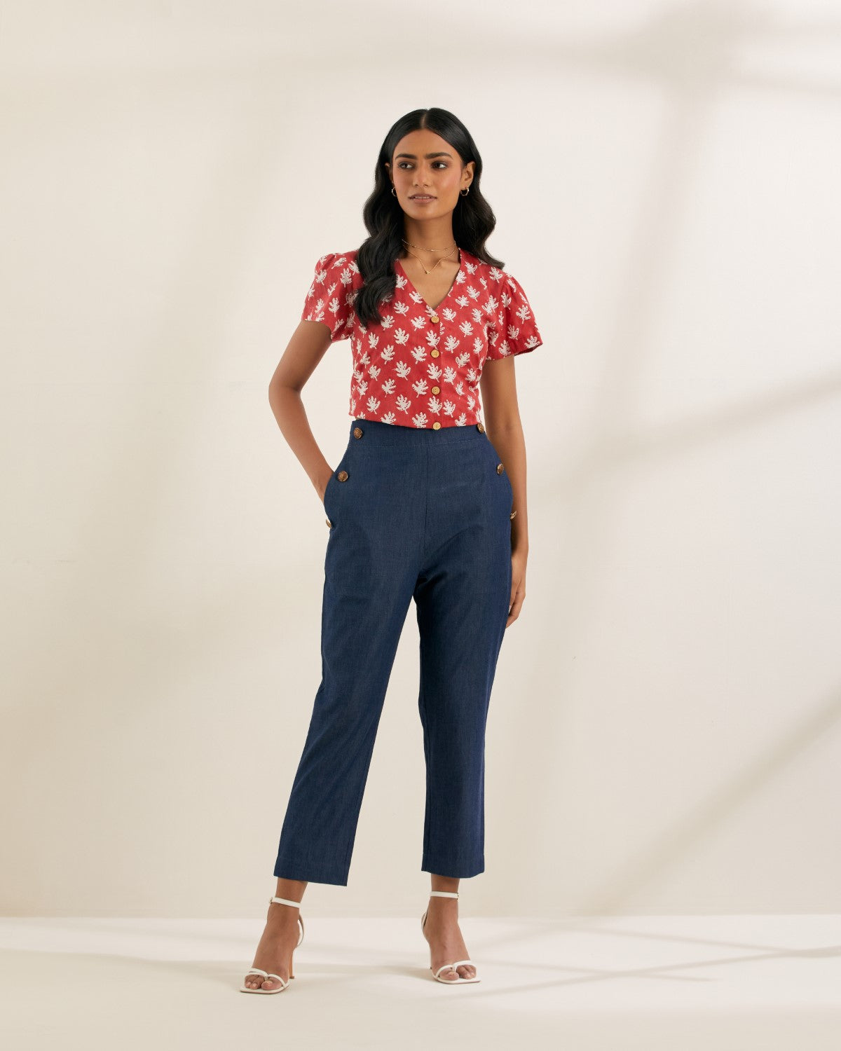 BERRY- Red button down top with denim pants