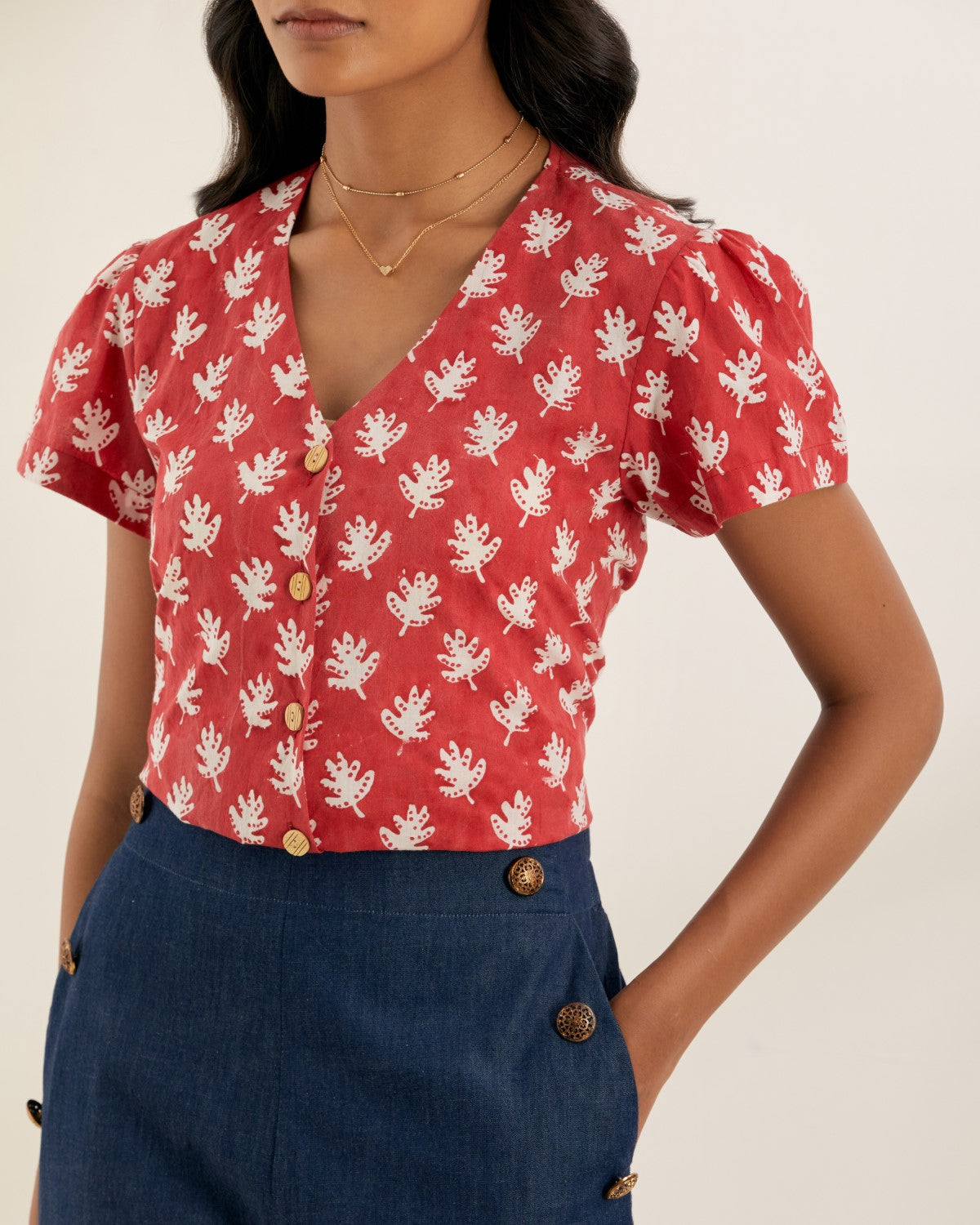 BERRY- Red button down top with denim pants
