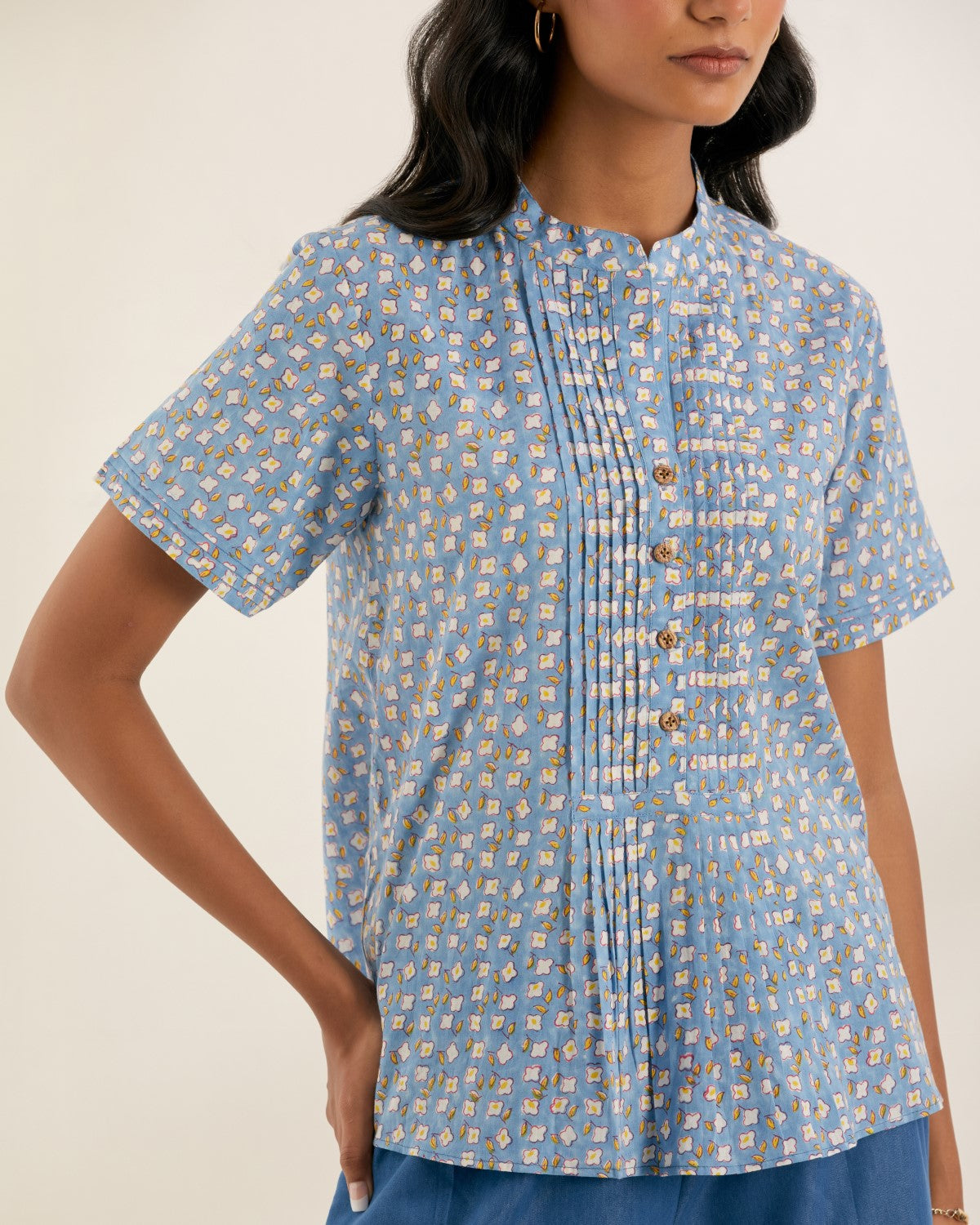 Blue booti pinctucked top