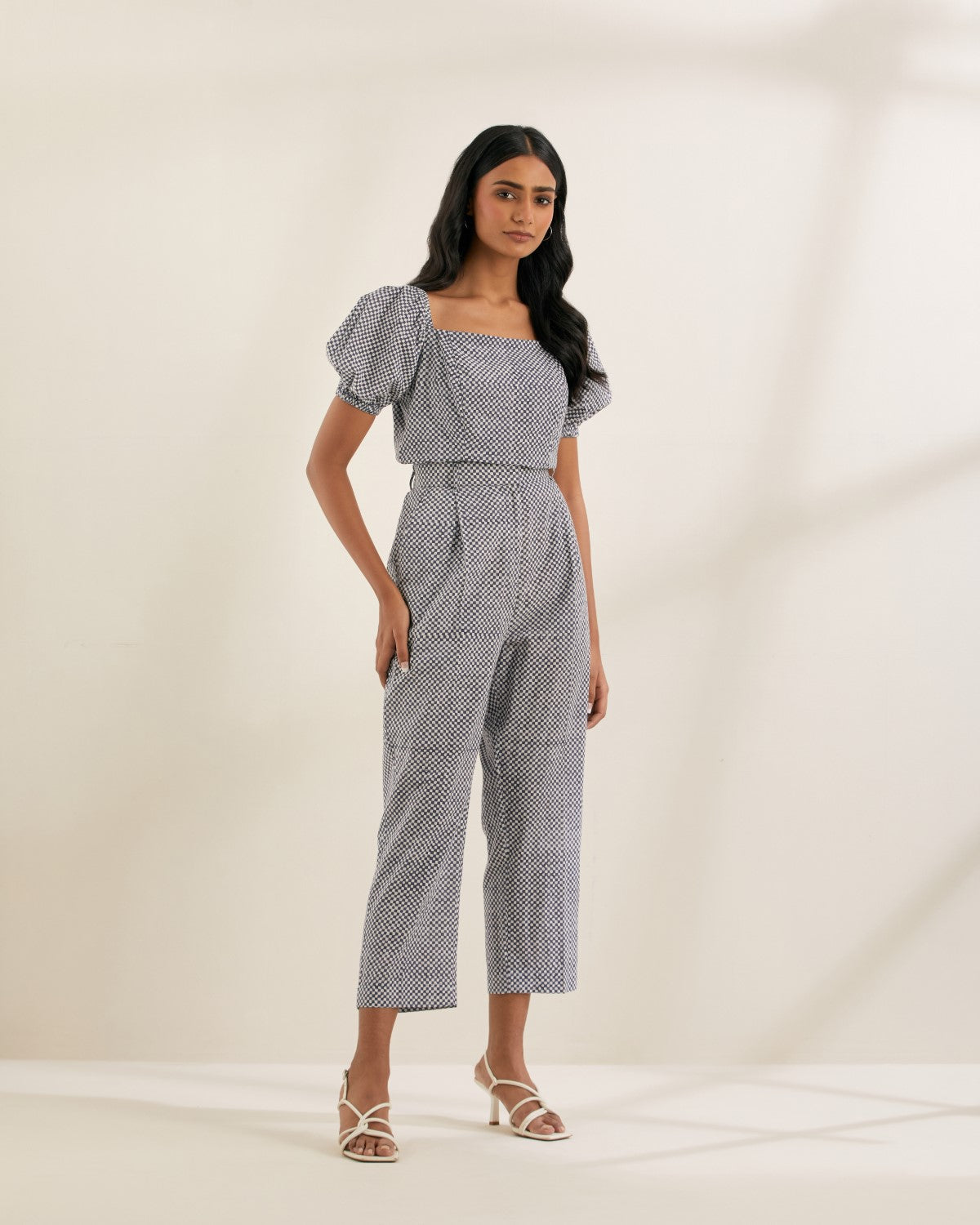 Checkmate- Square neck top with puff sleeves