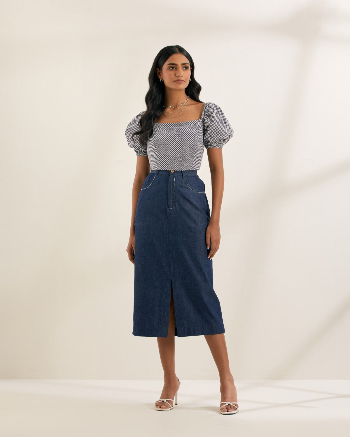 Checkmate- Square neck top with puff sleeves