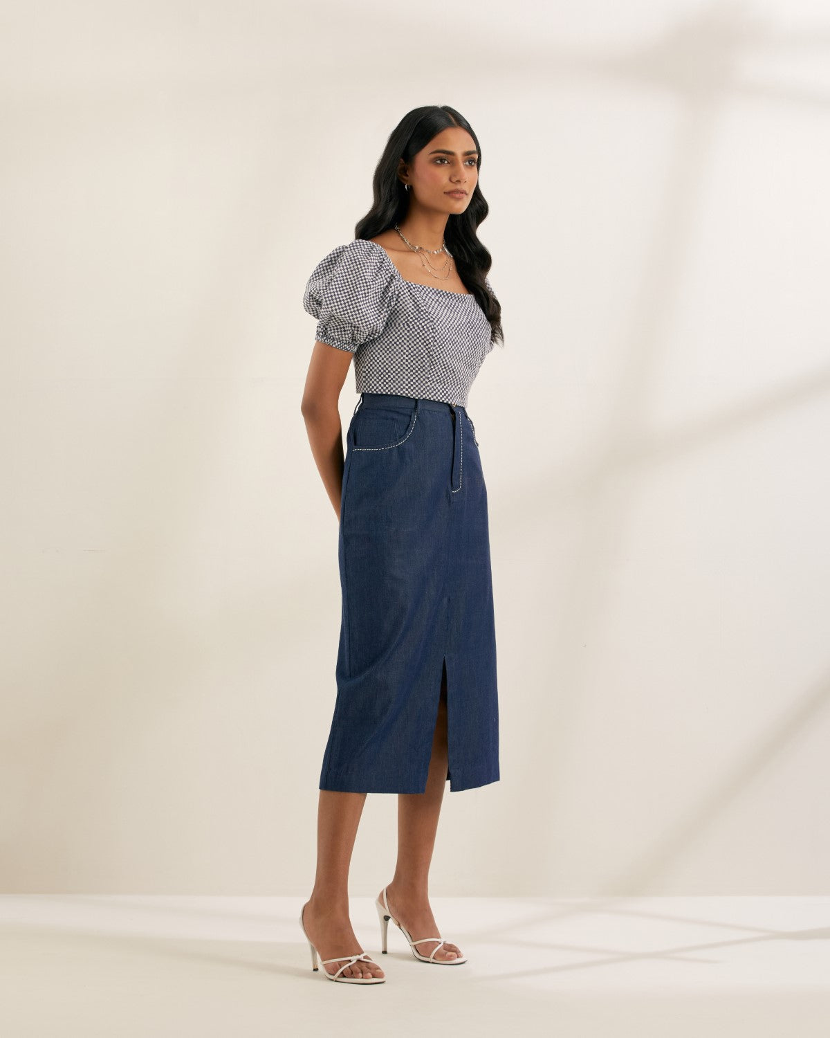 Checkmate- Square neck top with puff sleeves