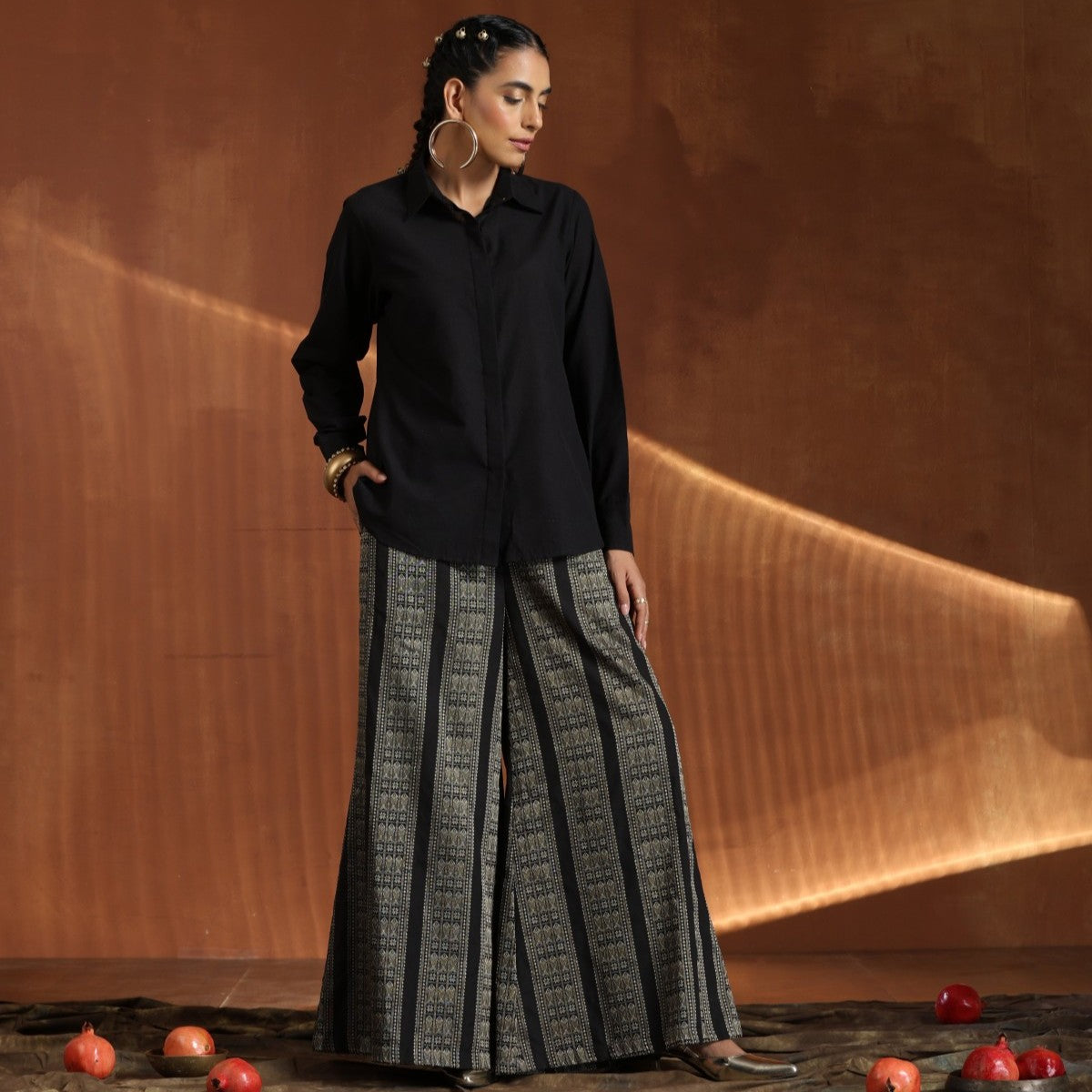 Duchess- Black shirt with black gold zari wide pants