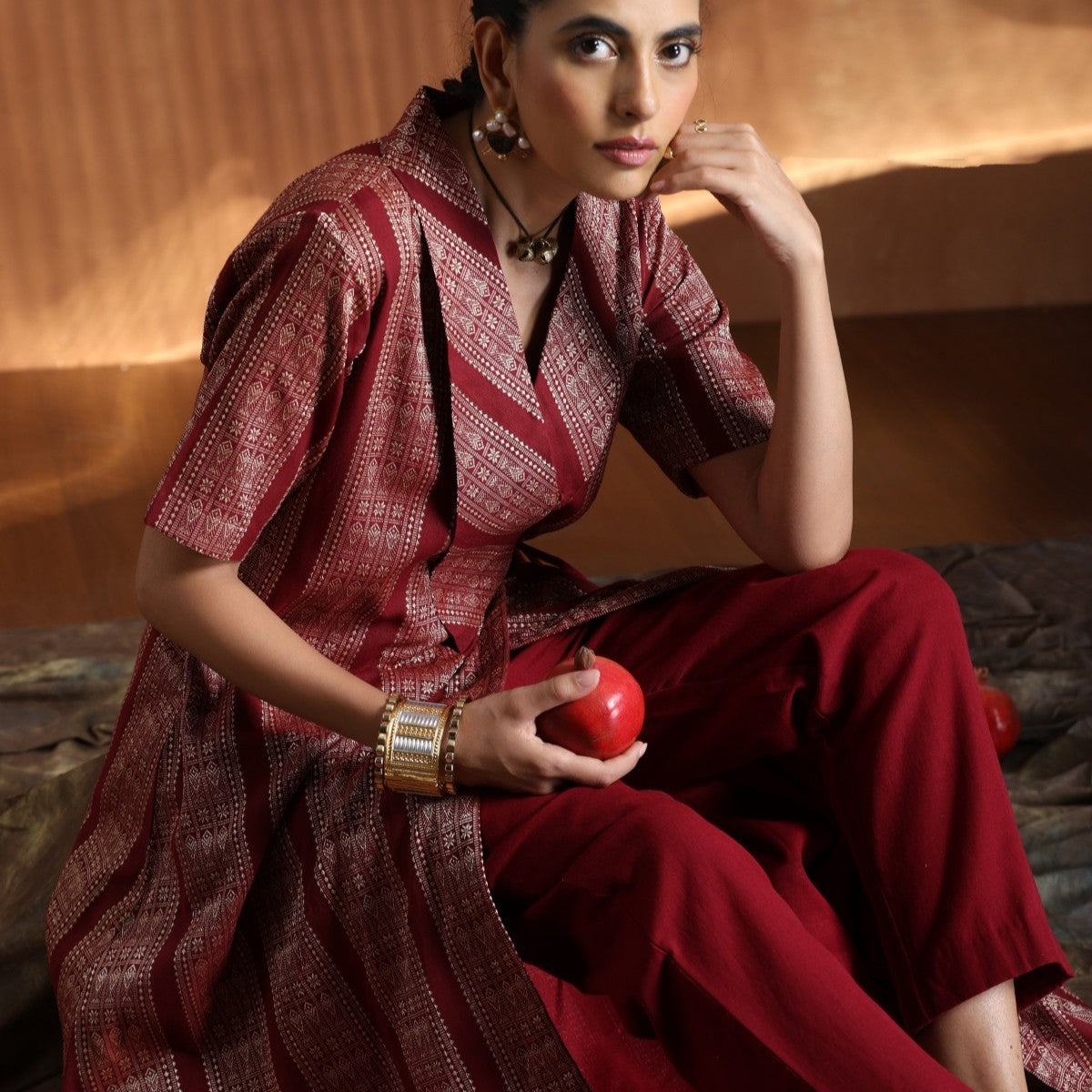 The Highness Set - Maroon angrakha dress with plain maroon pants