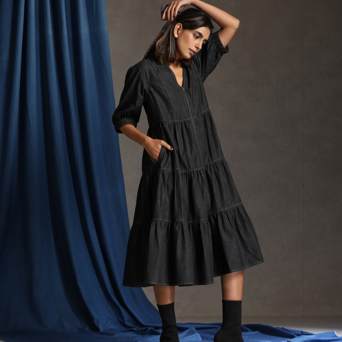 Runway- Charcoal denim tiered dress