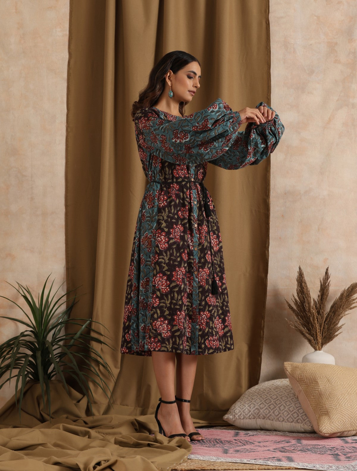 Aparajita- Blue Black patchwork floral dress