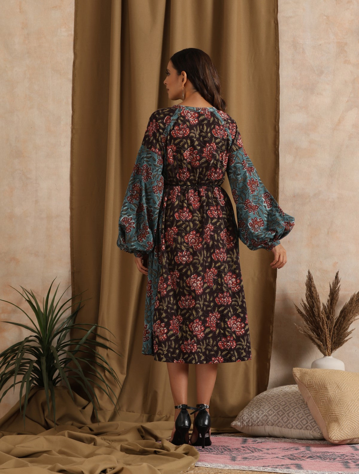 Aparajita- Blue Black patchwork floral dress