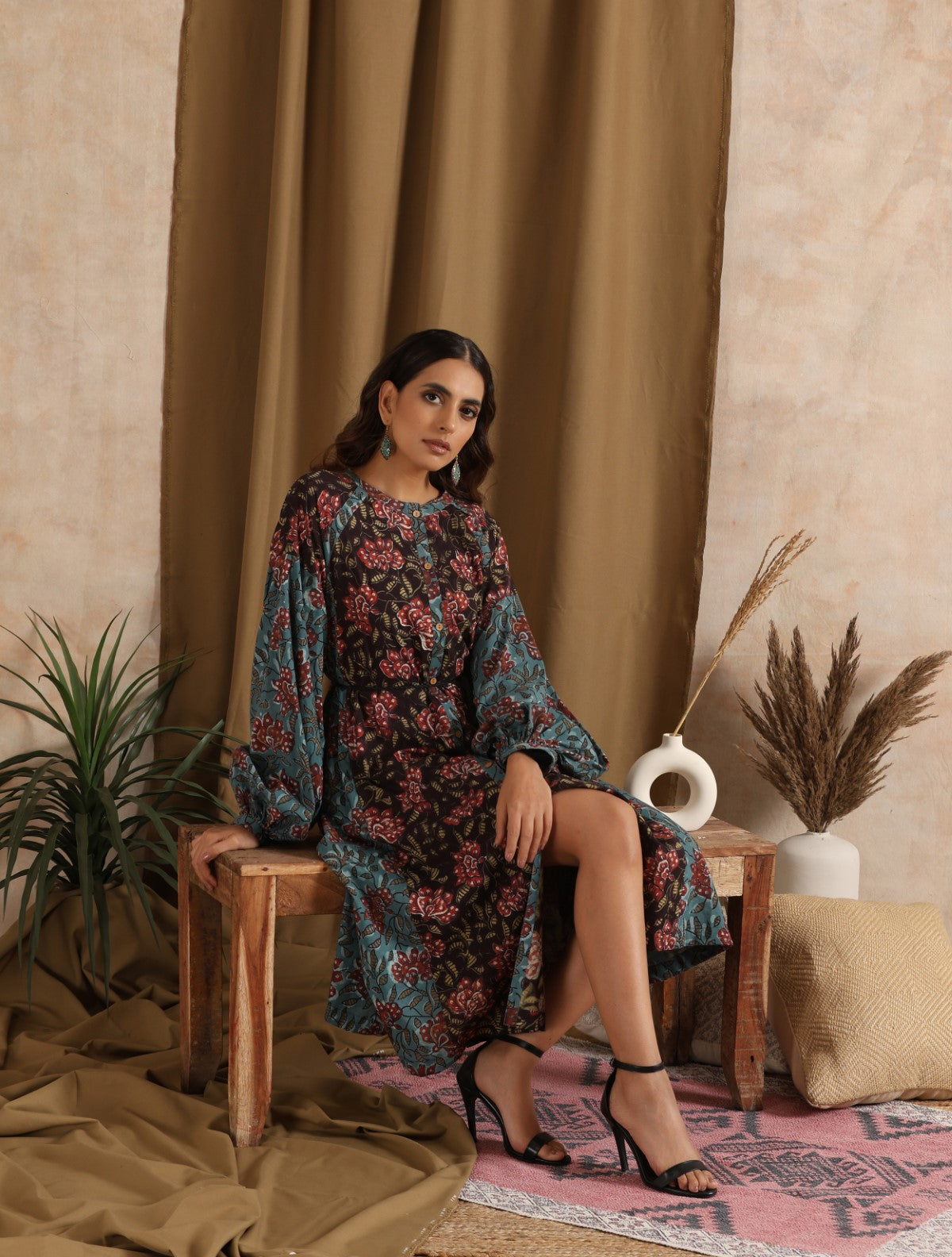 Aparajita- Blue Black patchwork floral dress