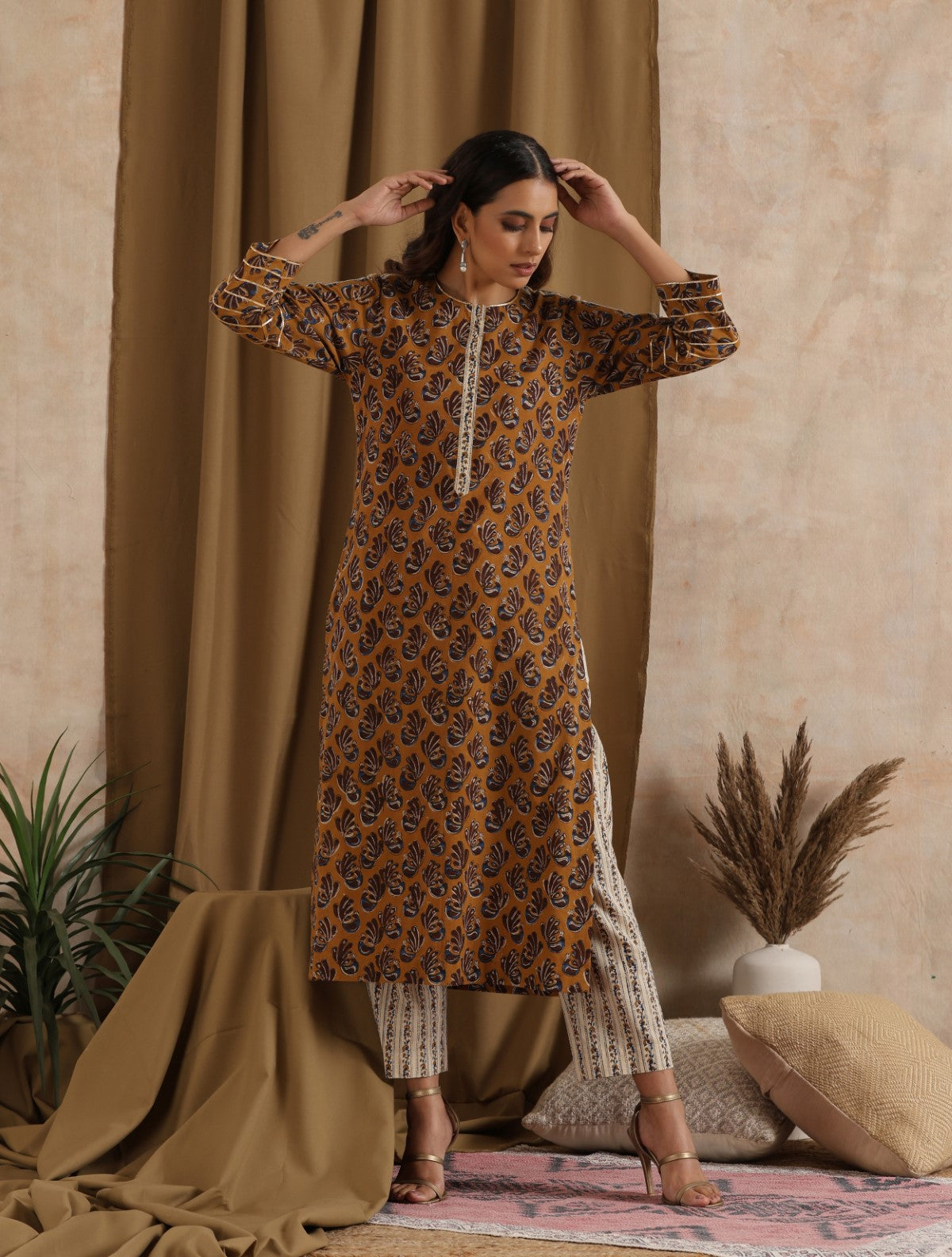 Sarso- Mustard kurta with gota and cream pants