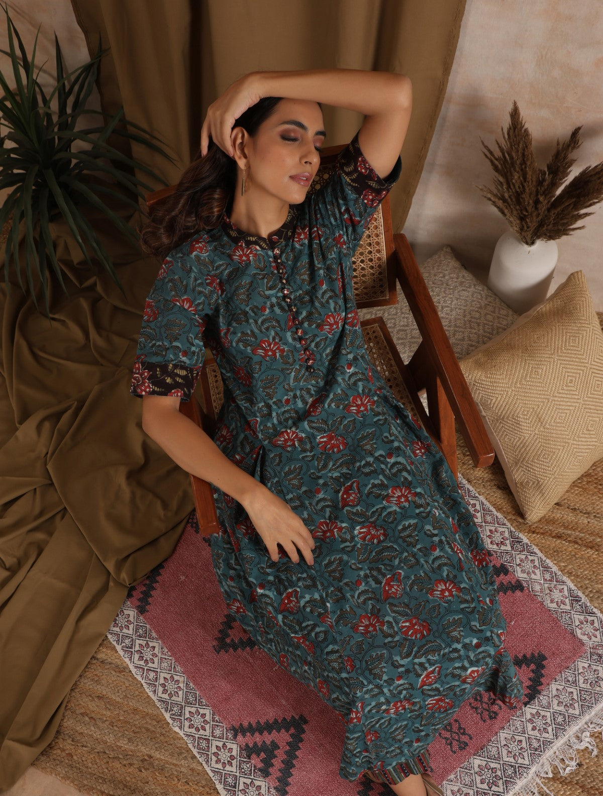 Gagan- Blue floral kurta with box pleat and matching stripe pants