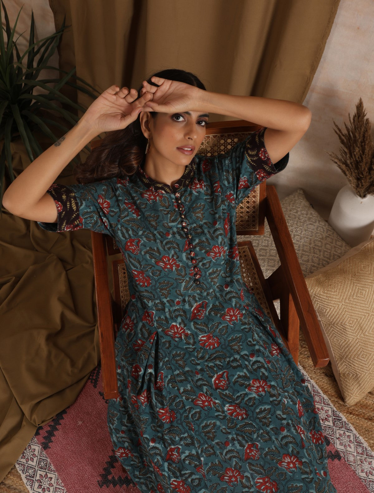 Gagan- Blue floral kurta with box pleat and matching stripe pants