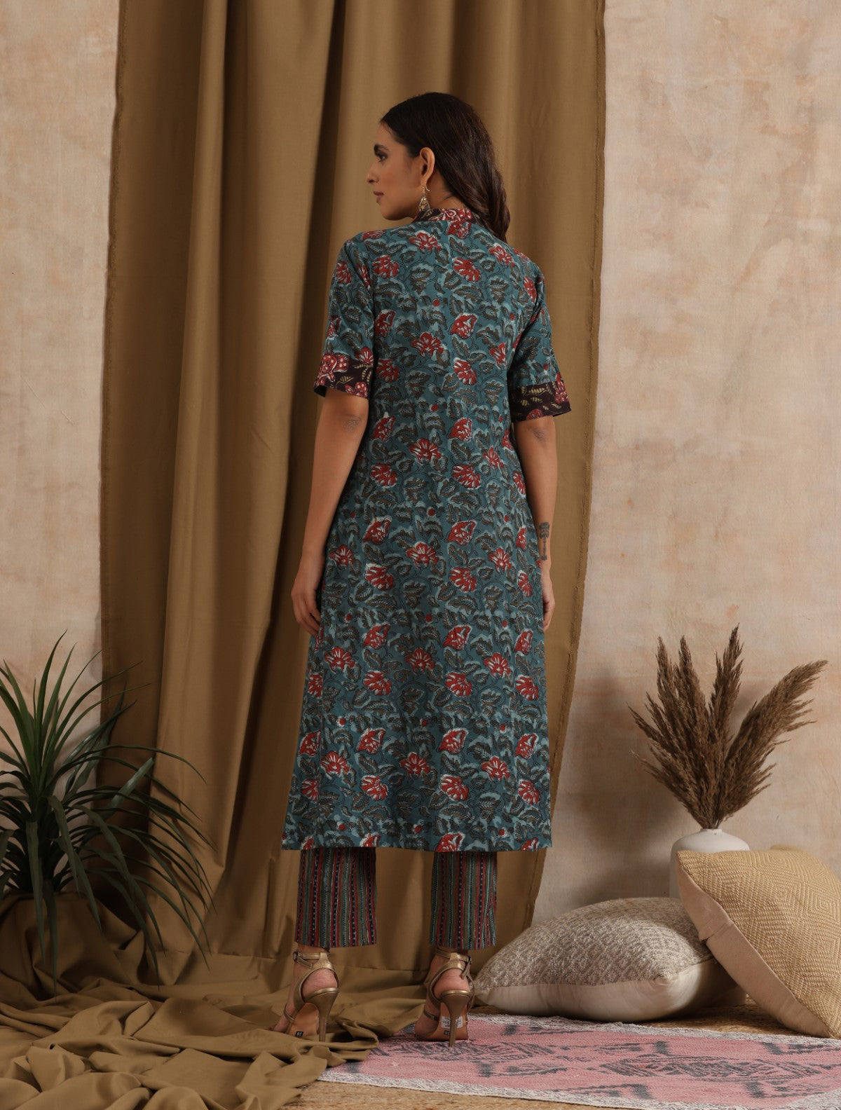 Gagan- Blue floral kurta with box pleat and matching stripe pants