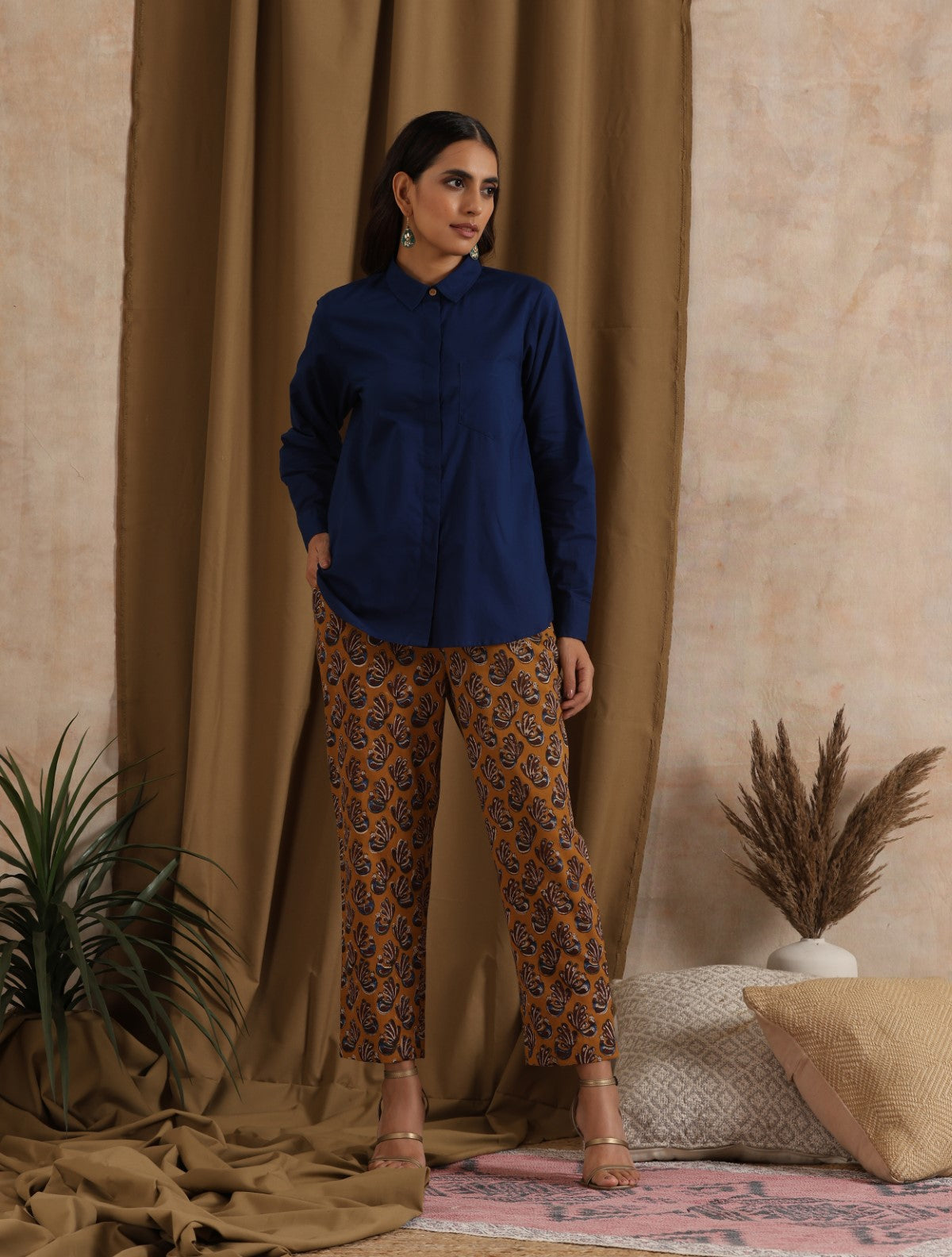 Kesari- Mustard pantsuit with navy shirt - 3 piece set