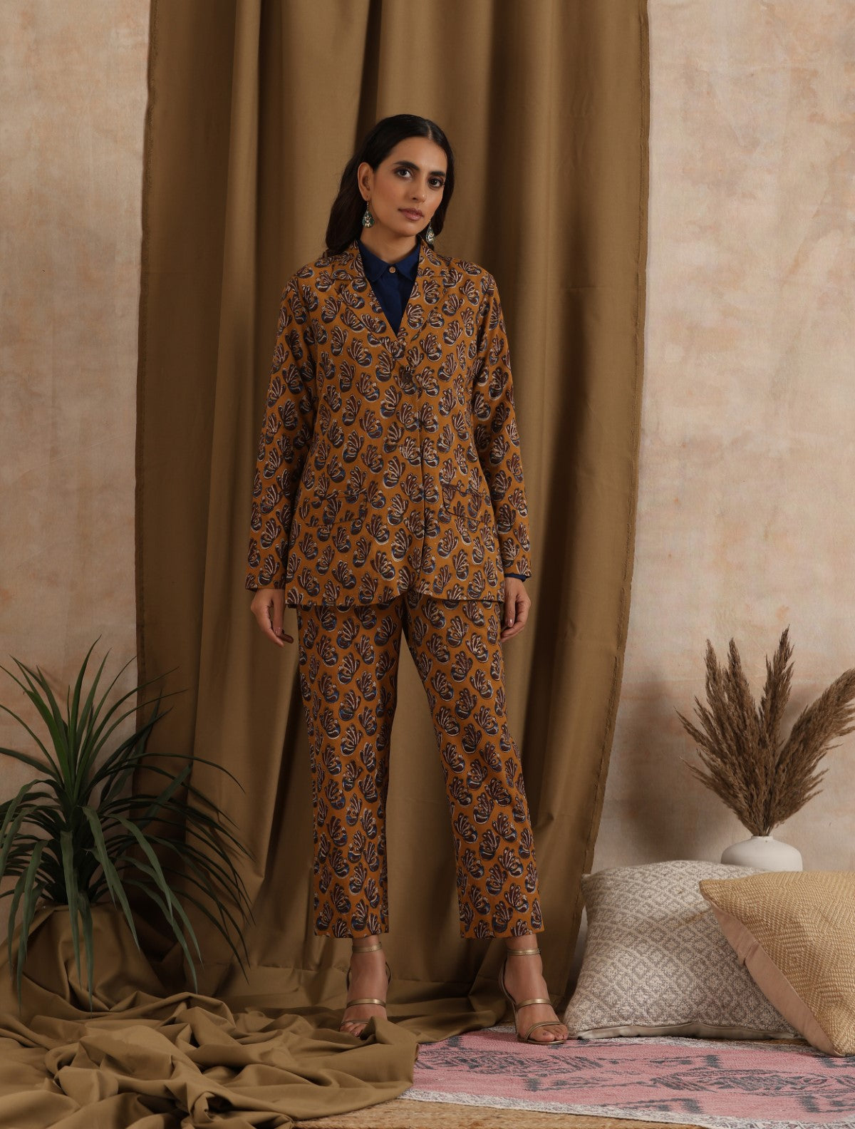 Kesari- Mustard pantsuit with navy shirt - 3 piece set
