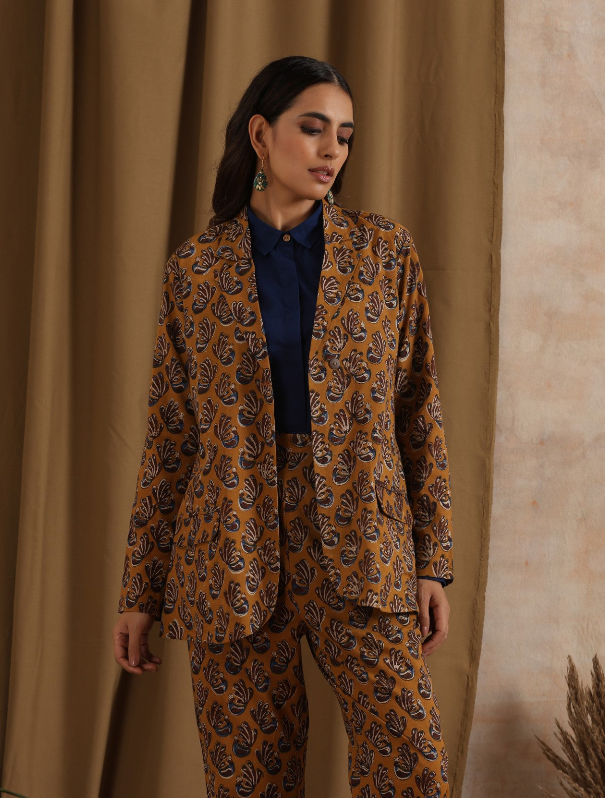 Kesari- Mustard pantsuit with navy shirt - 3 piece set