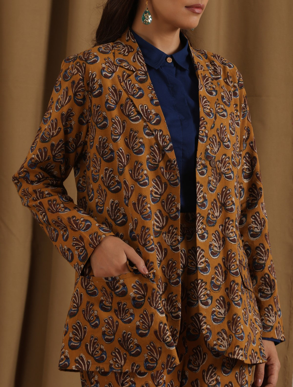 Kesari- Mustard pantsuit with navy shirt - 3 piece set