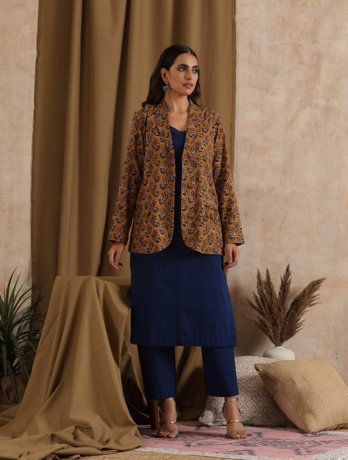 Kiran- Navy kurta set with Mustard jacket- 3 pc set