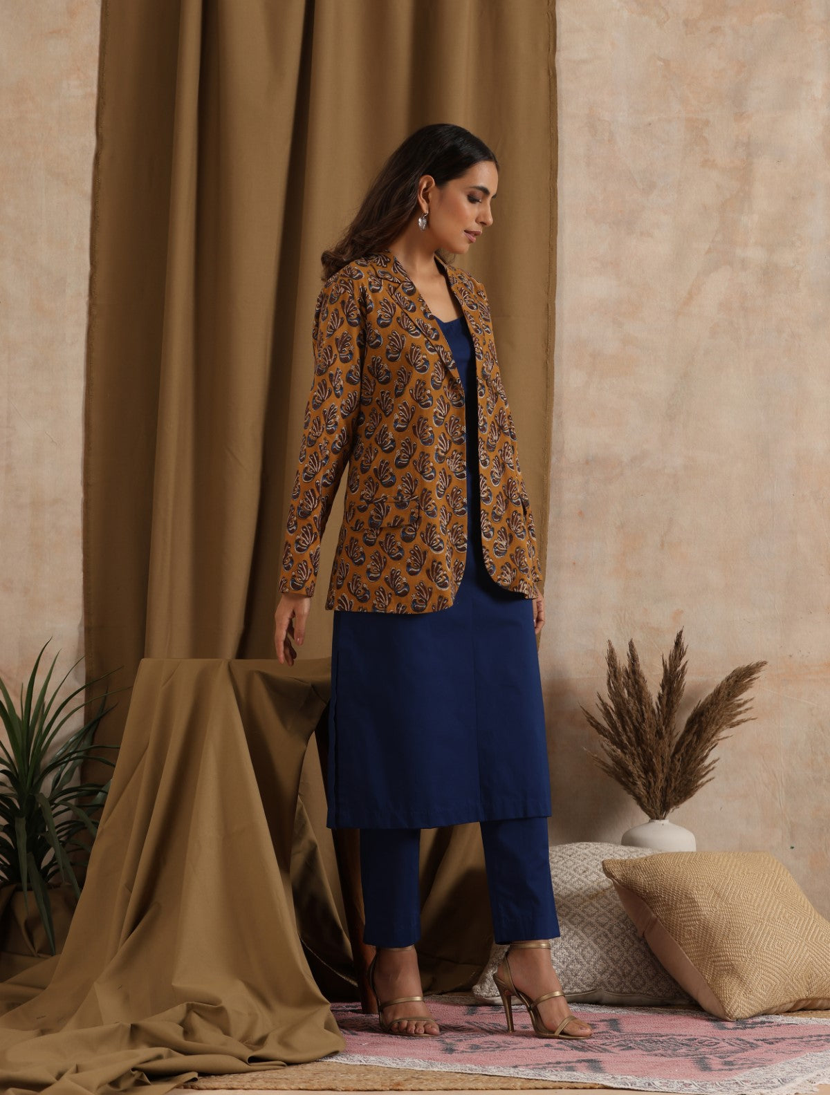 Kiran- Navy kurta set with Mustard jacket- 3 pc set