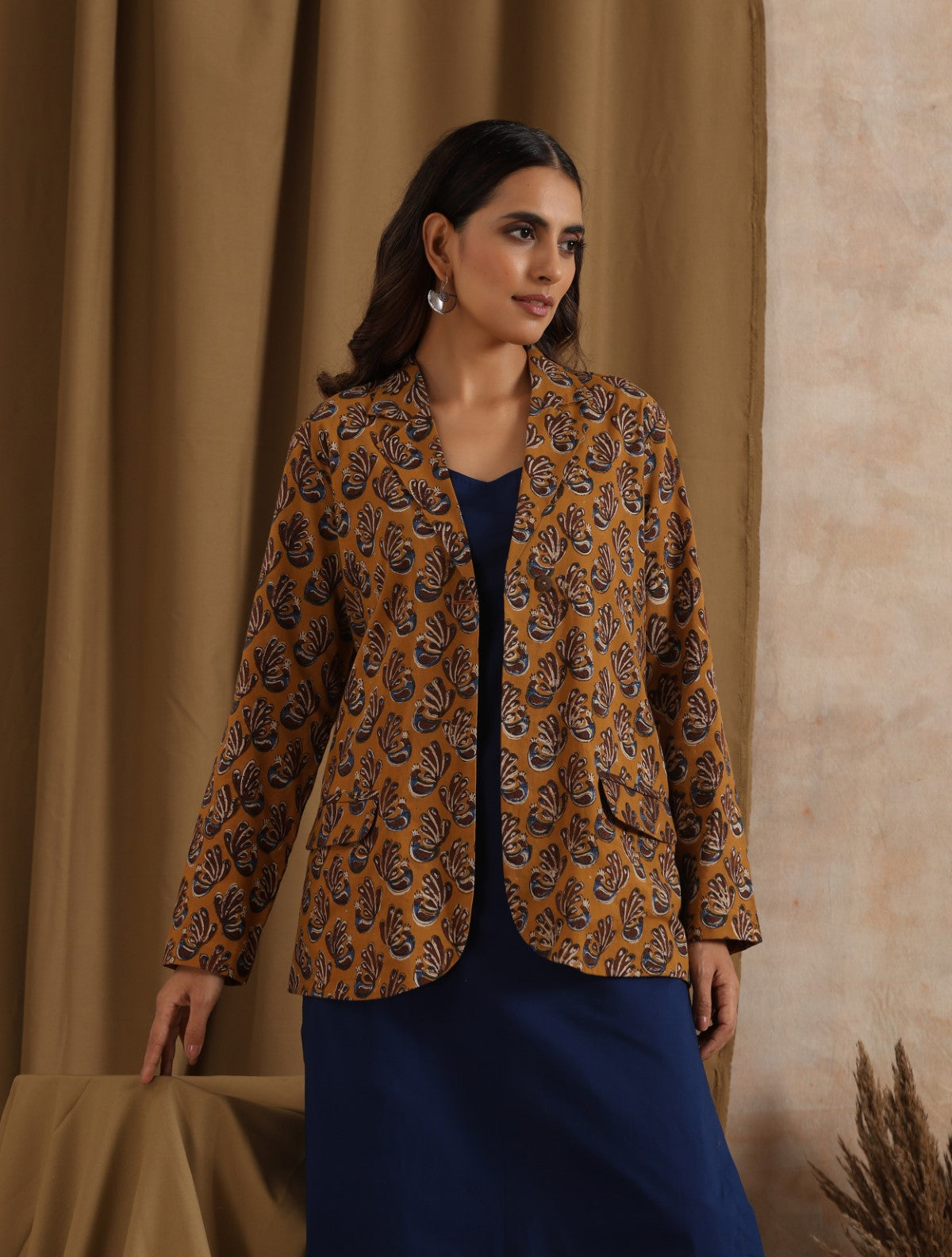 Kiran- Navy kurta set with Mustard jacket- 3 pc set