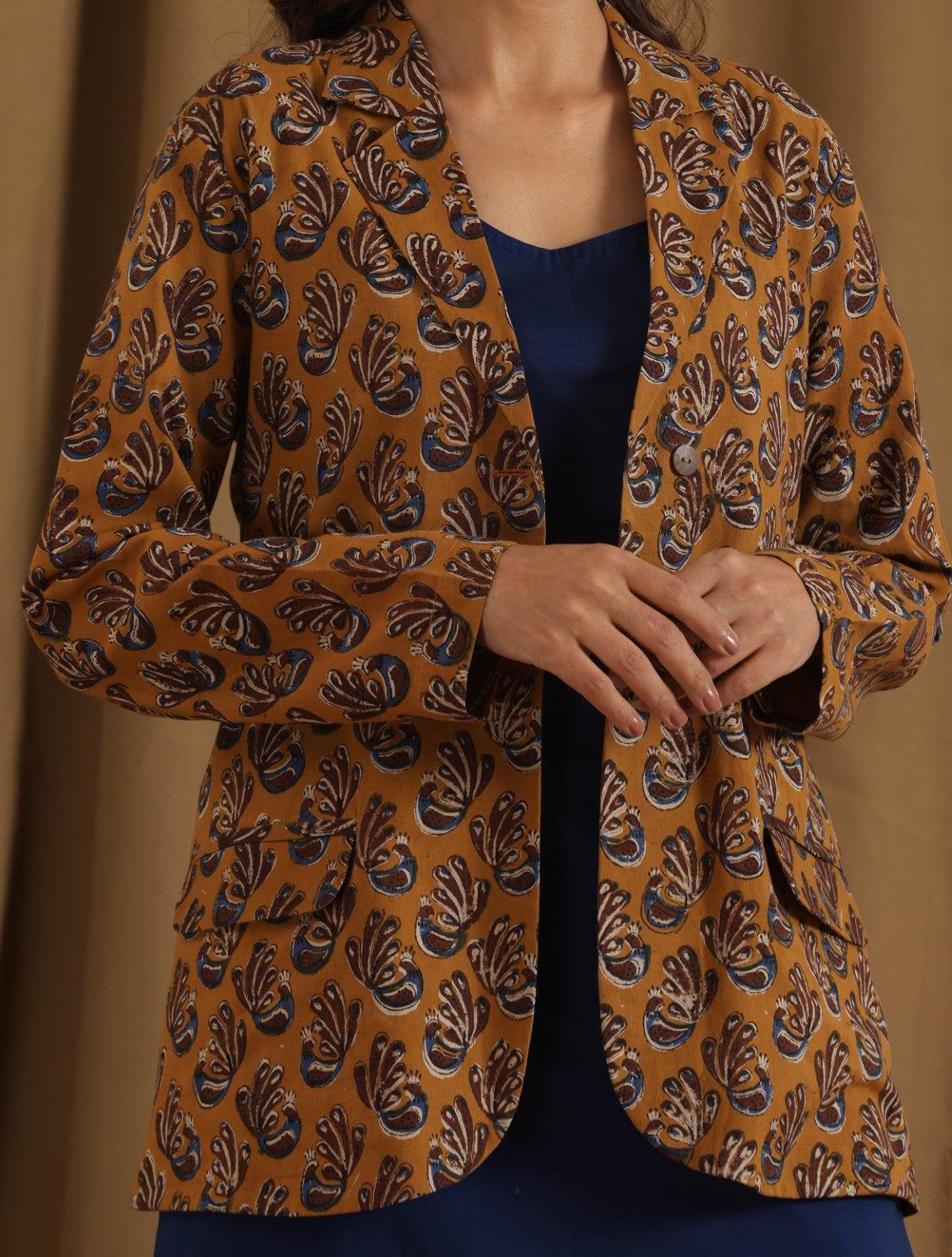 Kiran- Navy kurta set with Mustard jacket- 3 pc set