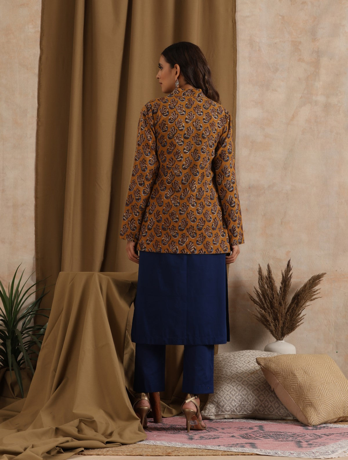 Kiran- Navy kurta set with Mustard jacket- 3 pc set