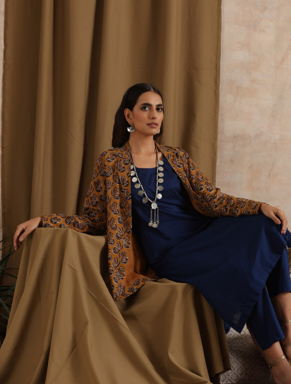 Kiran- Navy kurta set with Mustard jacket- 3 pc set