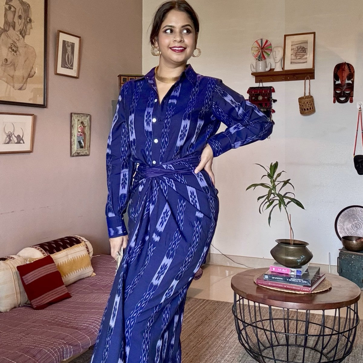 Seher - Shirt and front twist & tie skirt in handwoven ikat