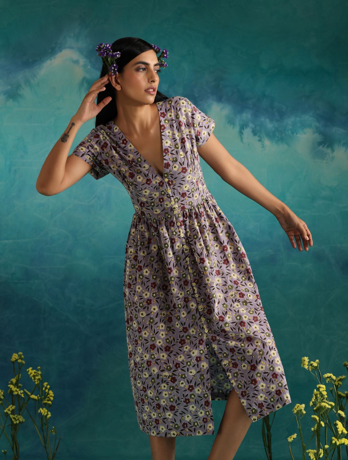 Lilac Paradise- Deep neck floral dress