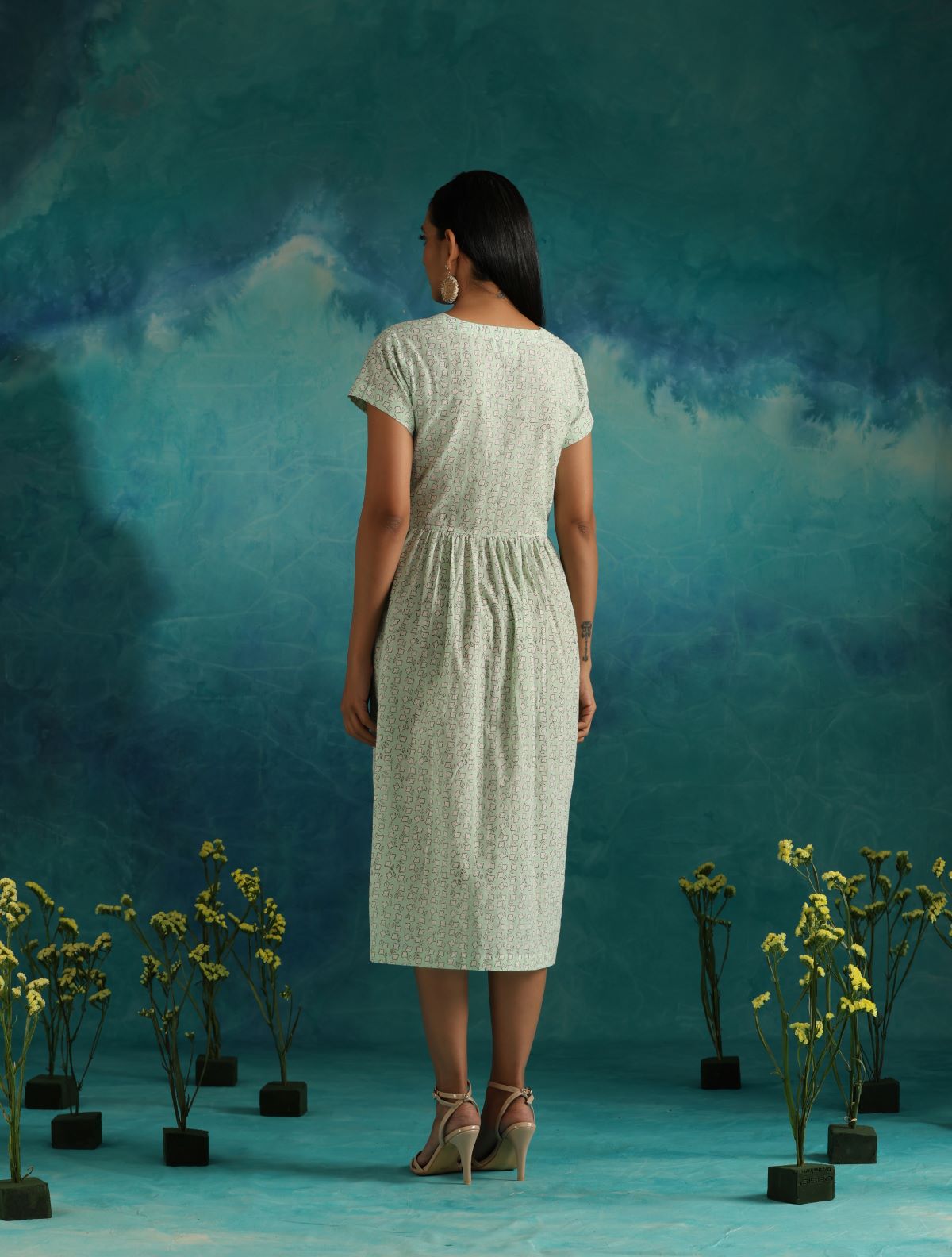 Minty leaves- Deep neck floral dress