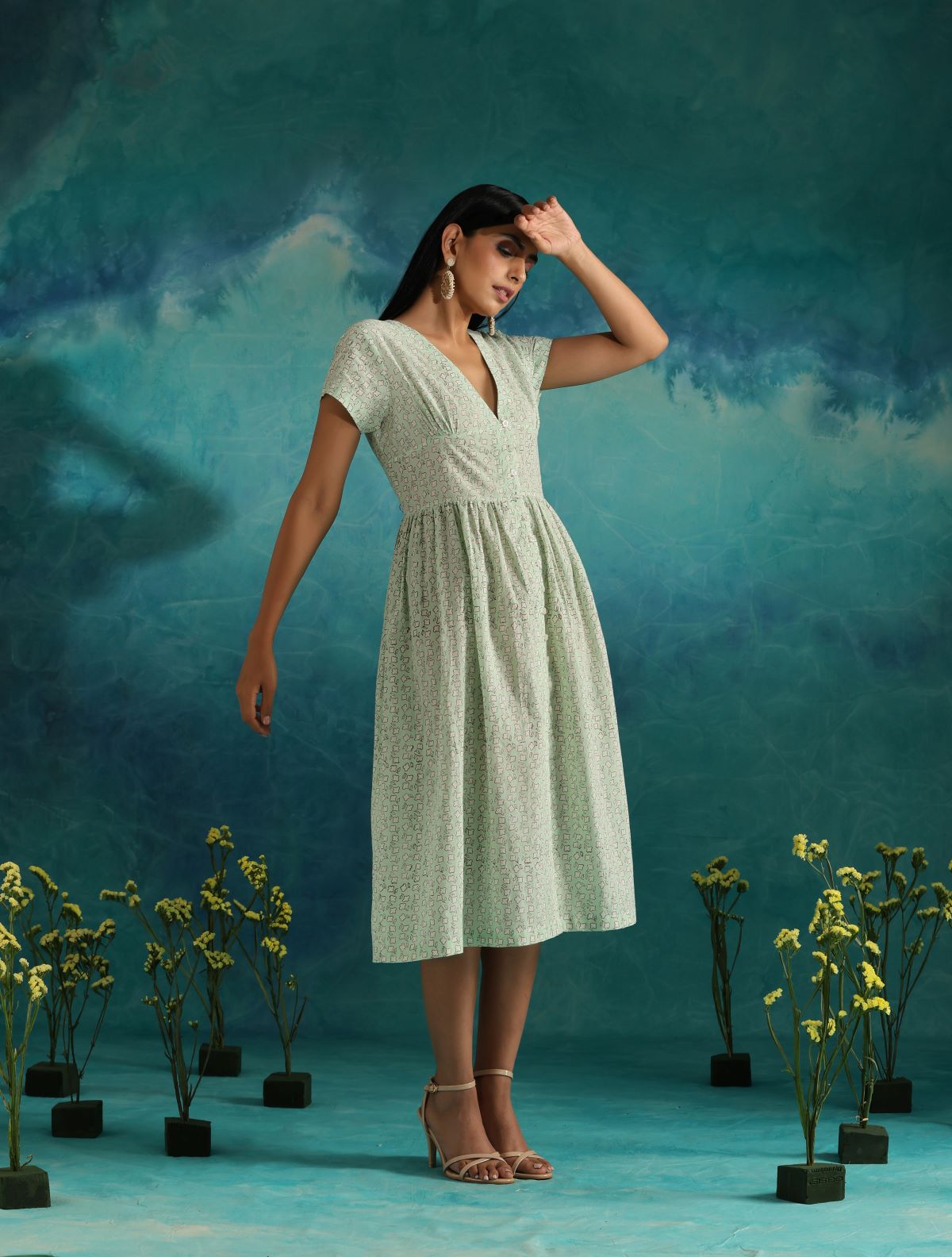 Minty leaves- Deep neck floral dress
