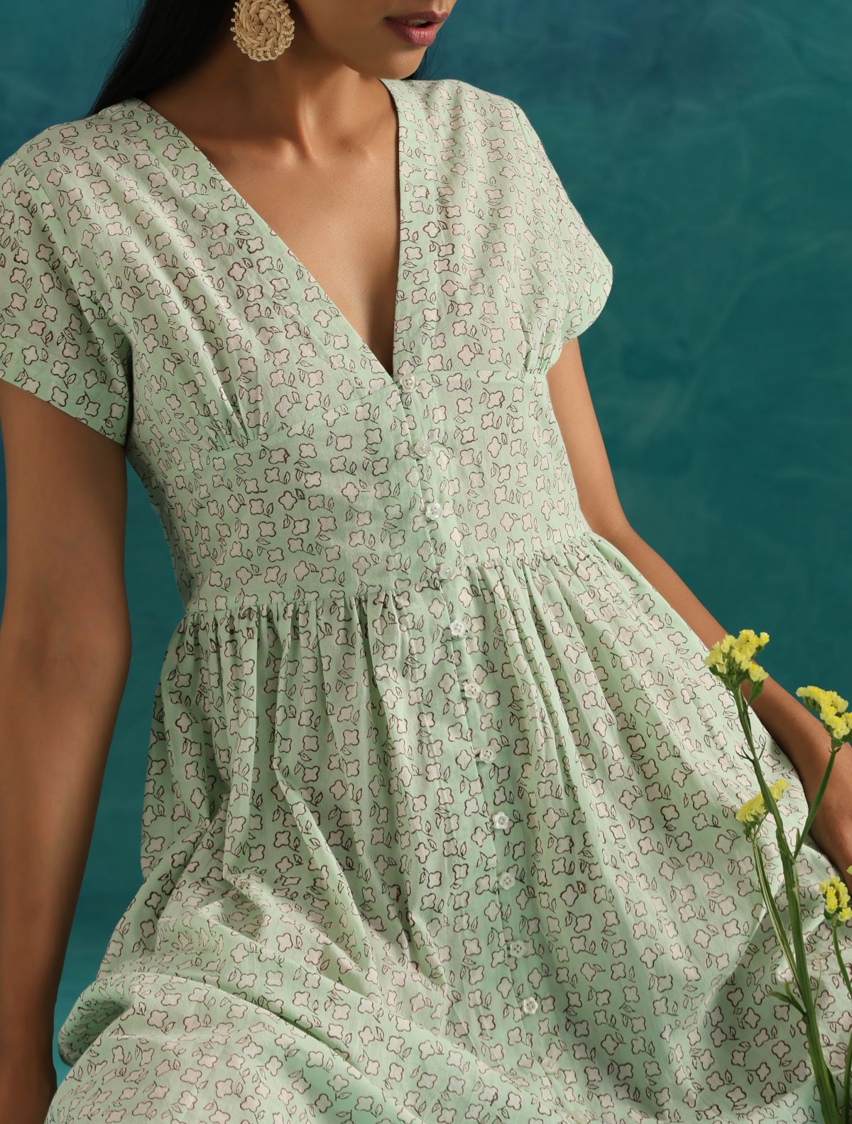 Minty leaves- Deep neck floral dress