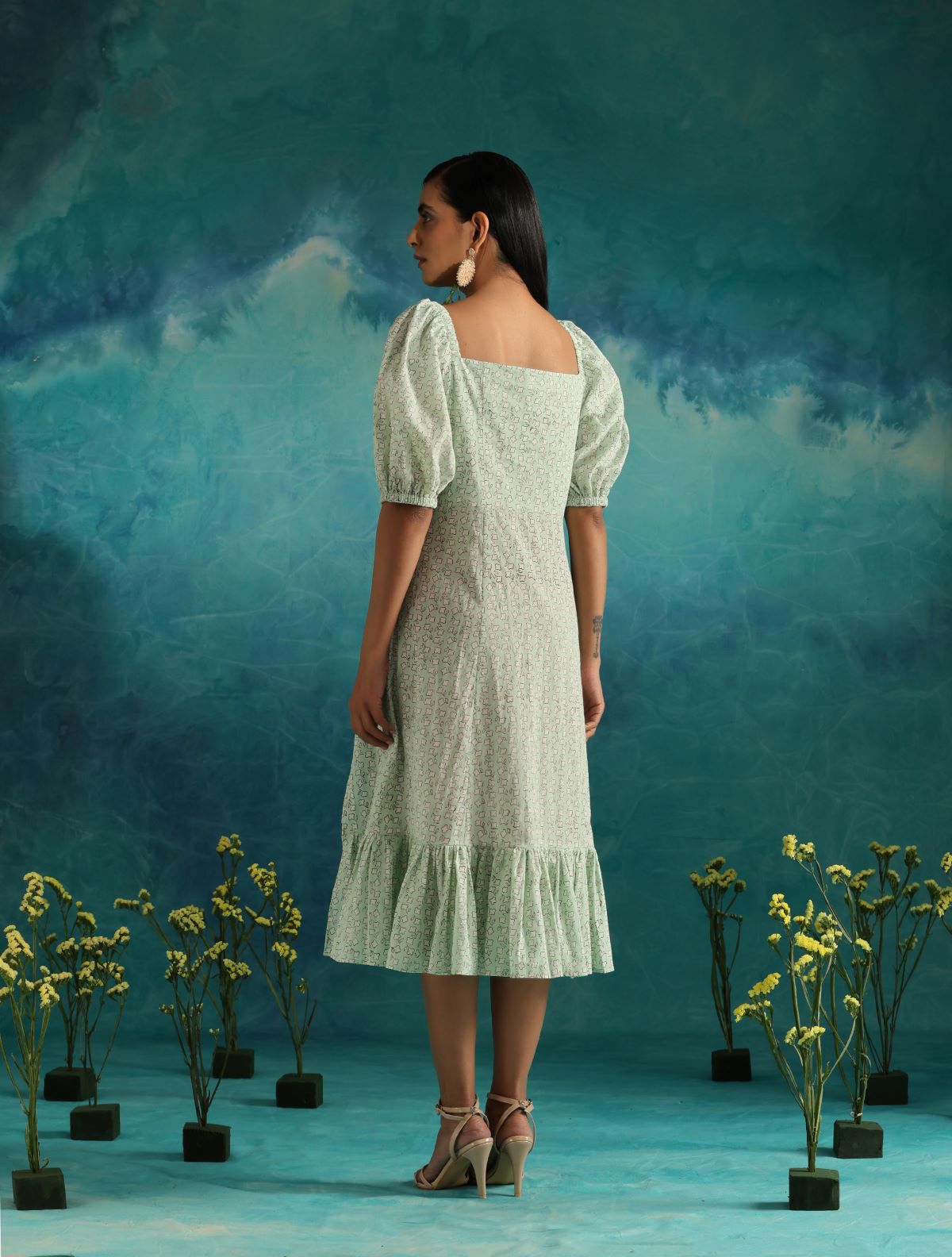Minty leaves- Square neck dress with slit