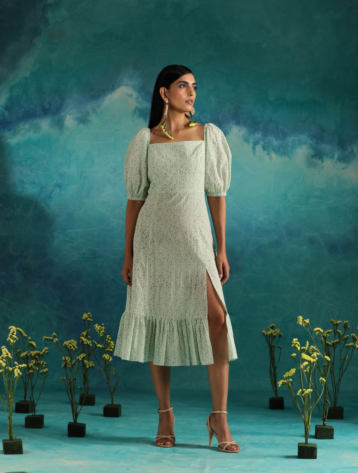 Minty leaves- Square neck dress with slit