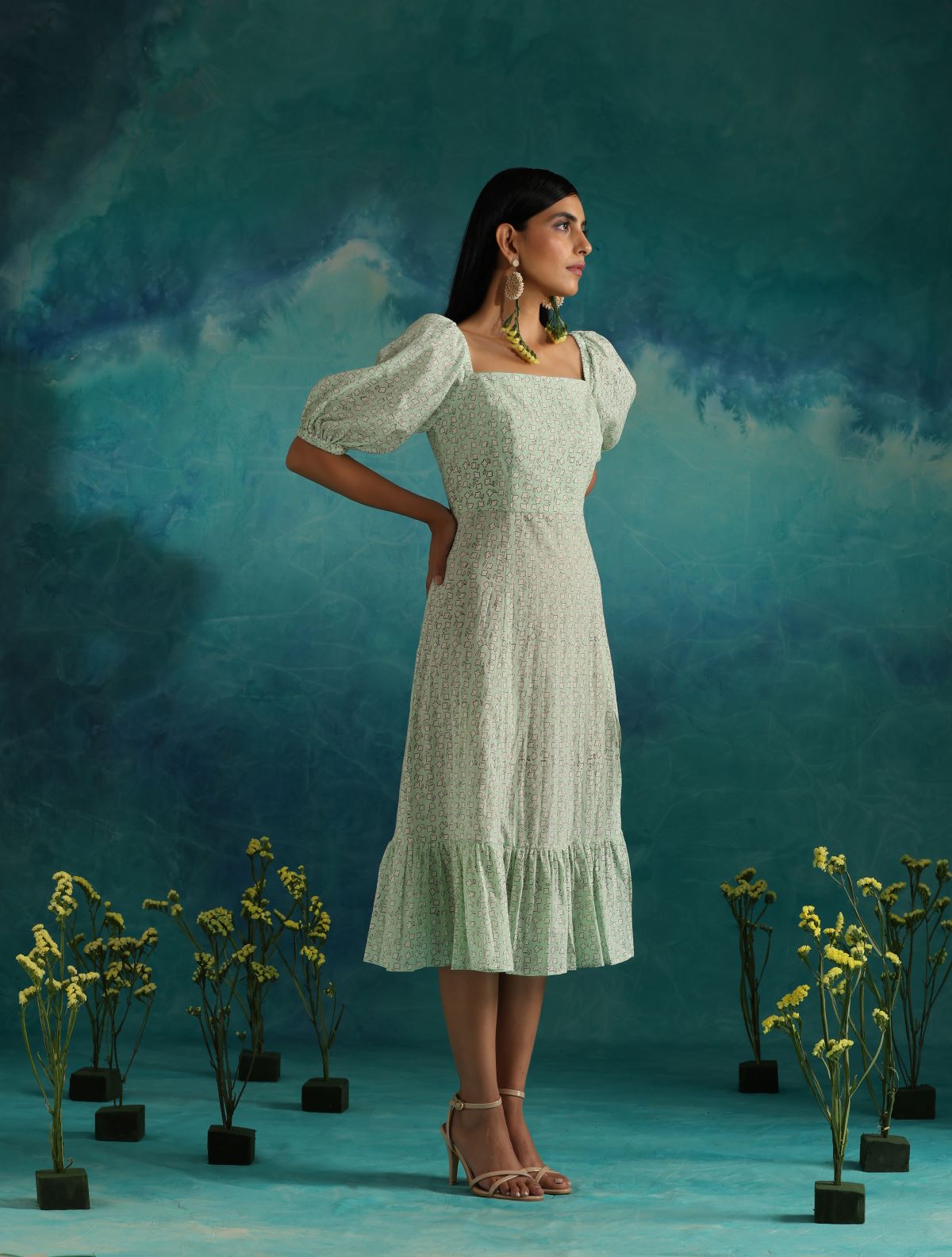 Minty leaves- Square neck dress with slit