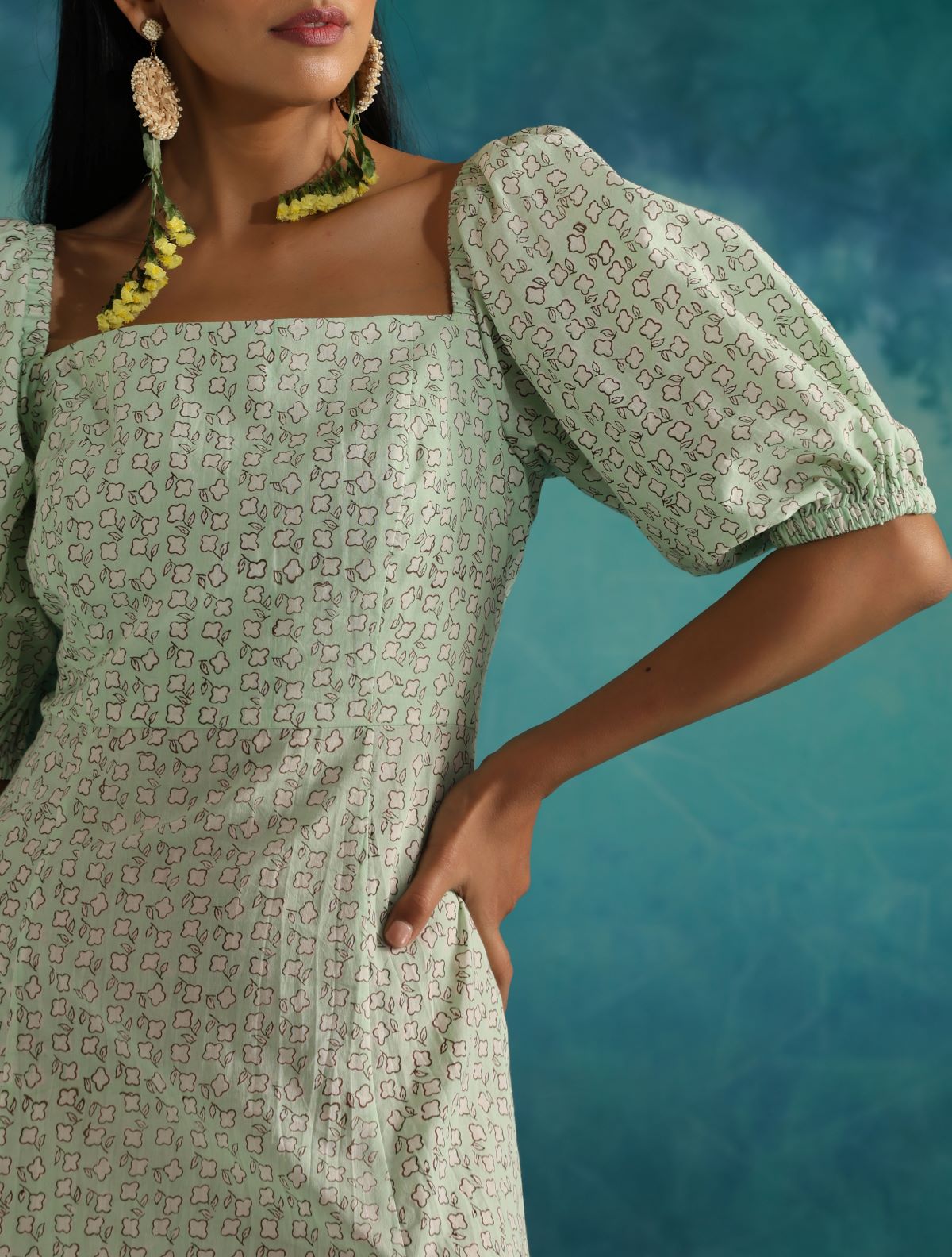 Minty leaves- Square neck dress with slit