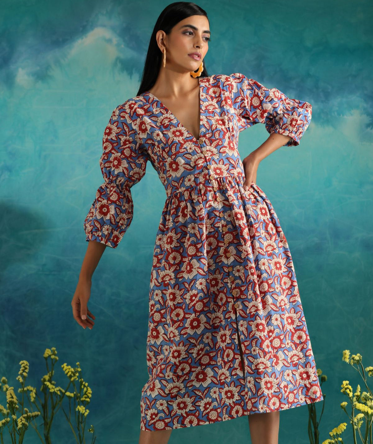 Floral fields- Deep neck floral dress with flouncy sleeves