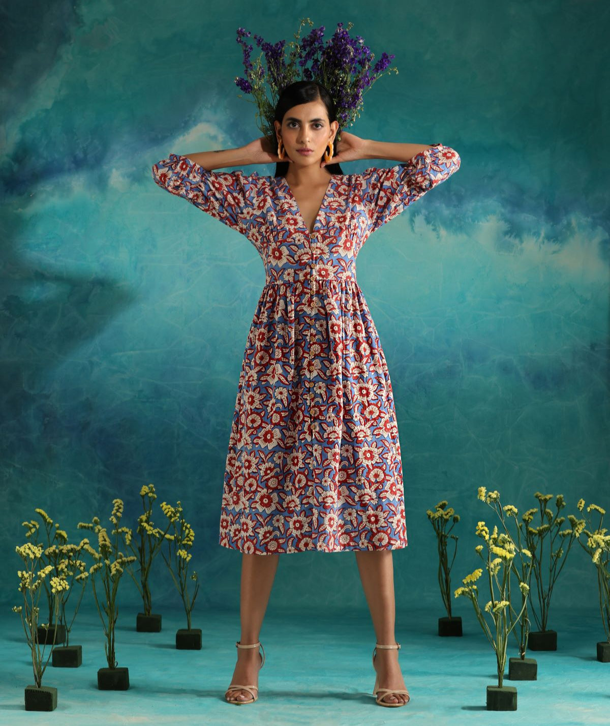 Floral fields- Deep neck floral dress with flouncy sleeves