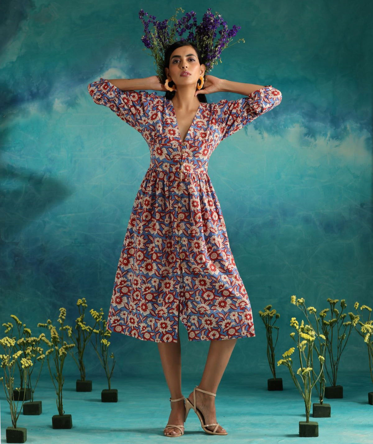 Floral fields- Deep neck floral dress with flouncy sleeves