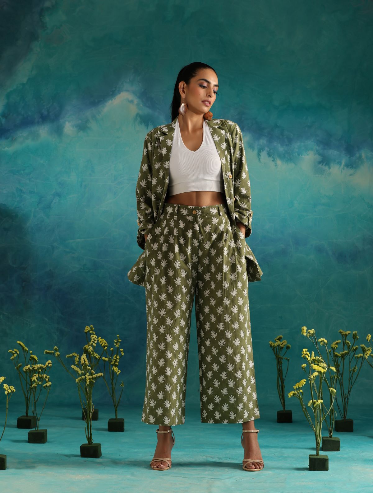 Olive leafy all season blazer and trouser set