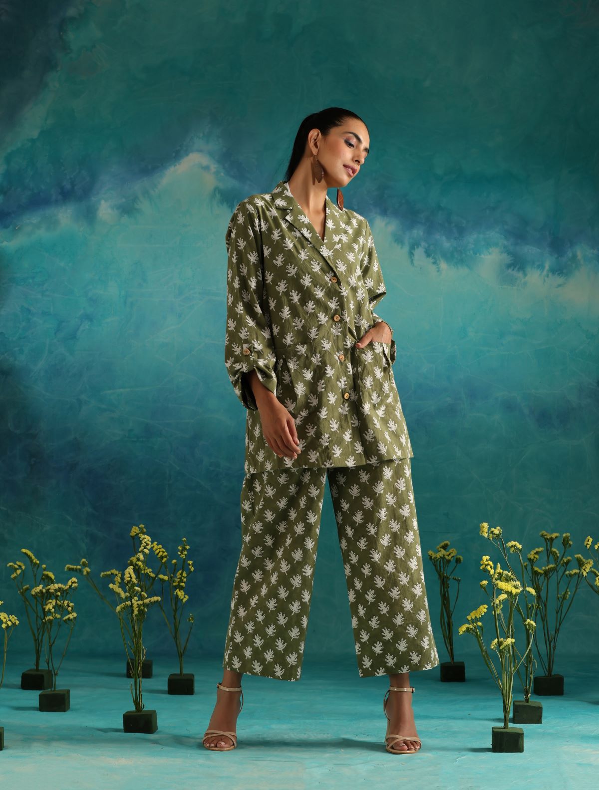 Olive leafy all season blazer and trouser set