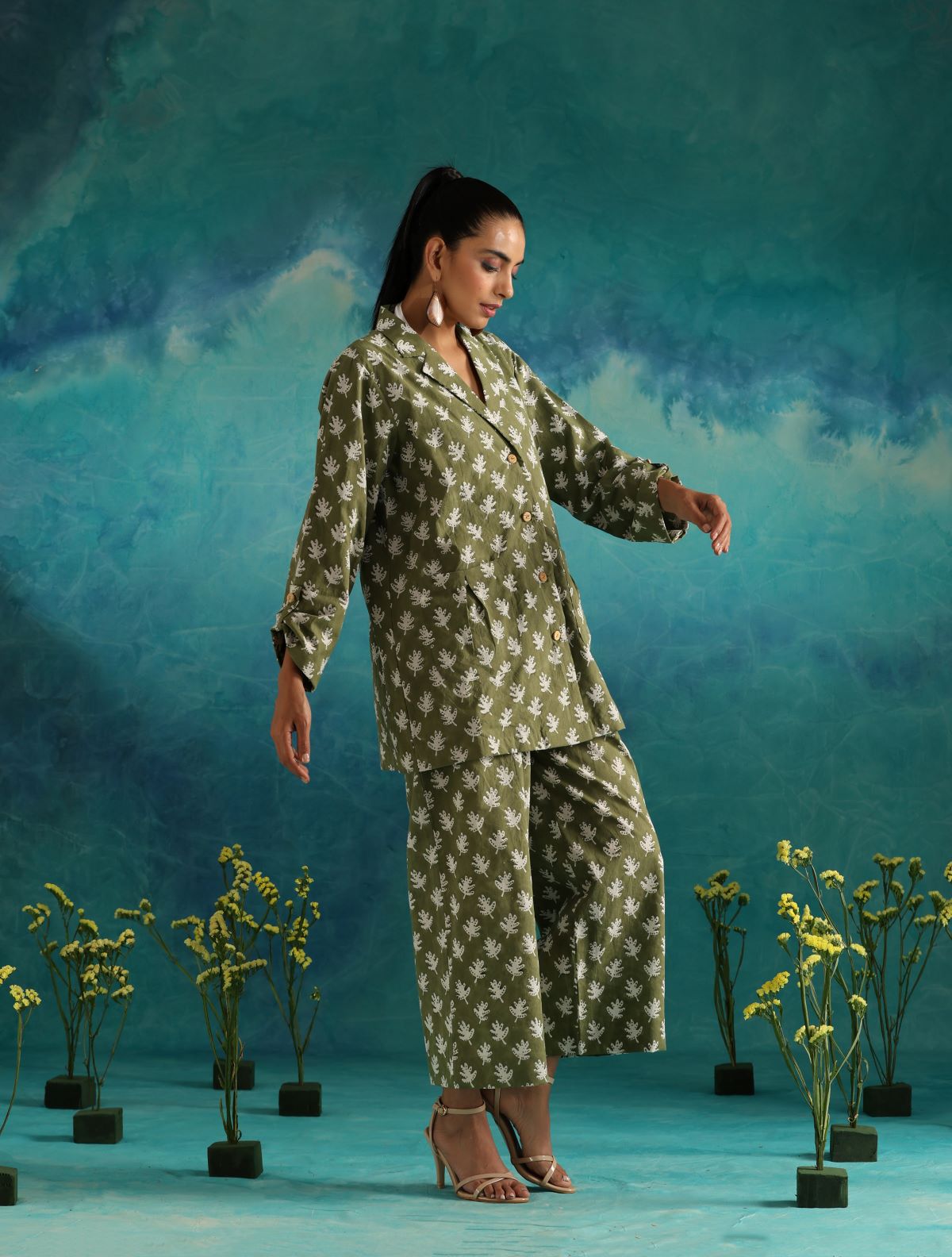 Olive leafy all season blazer and trouser set