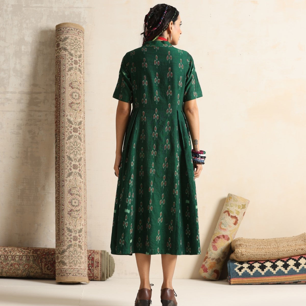 Arzu- Green front button pleated dress