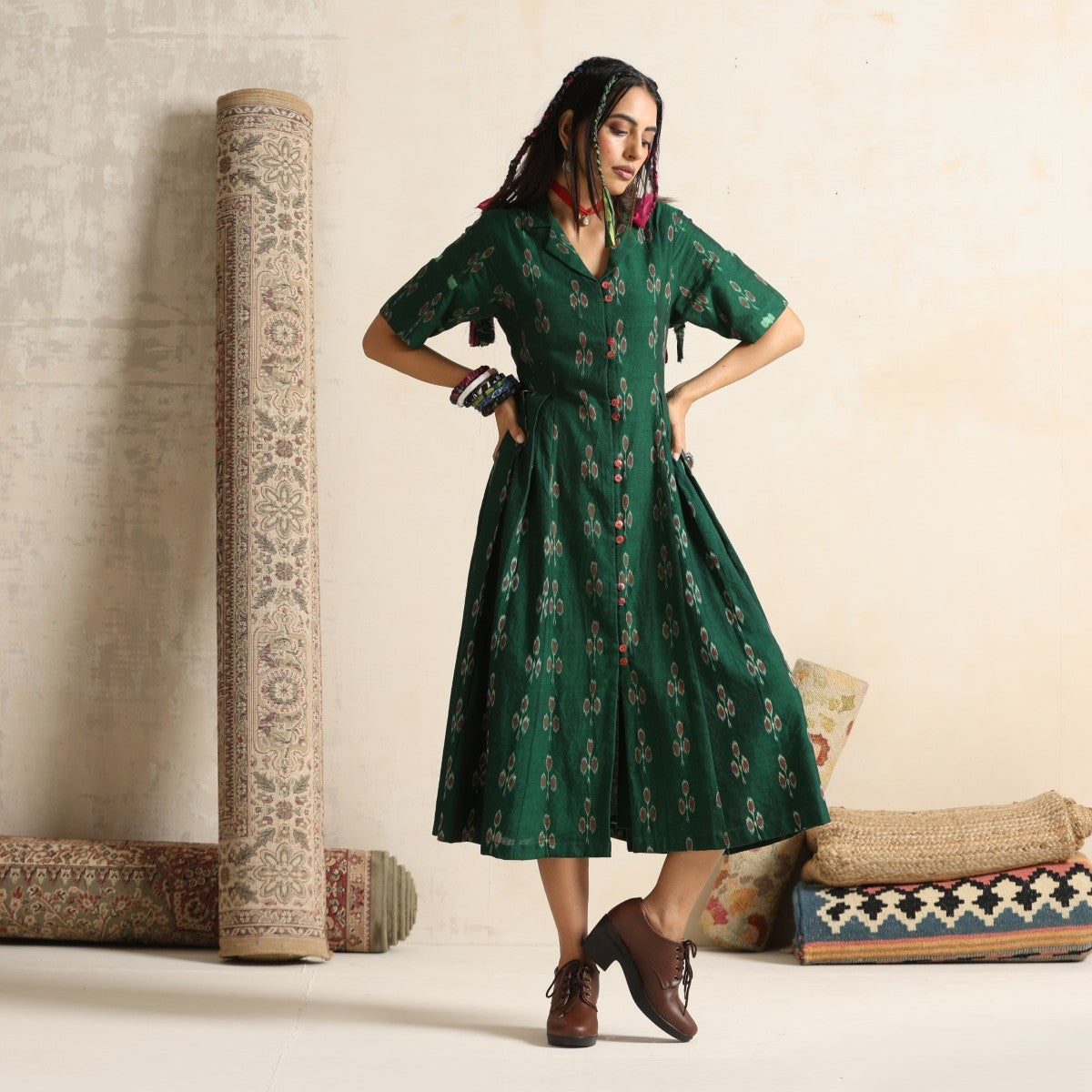 Arzu- Green front button pleated dress