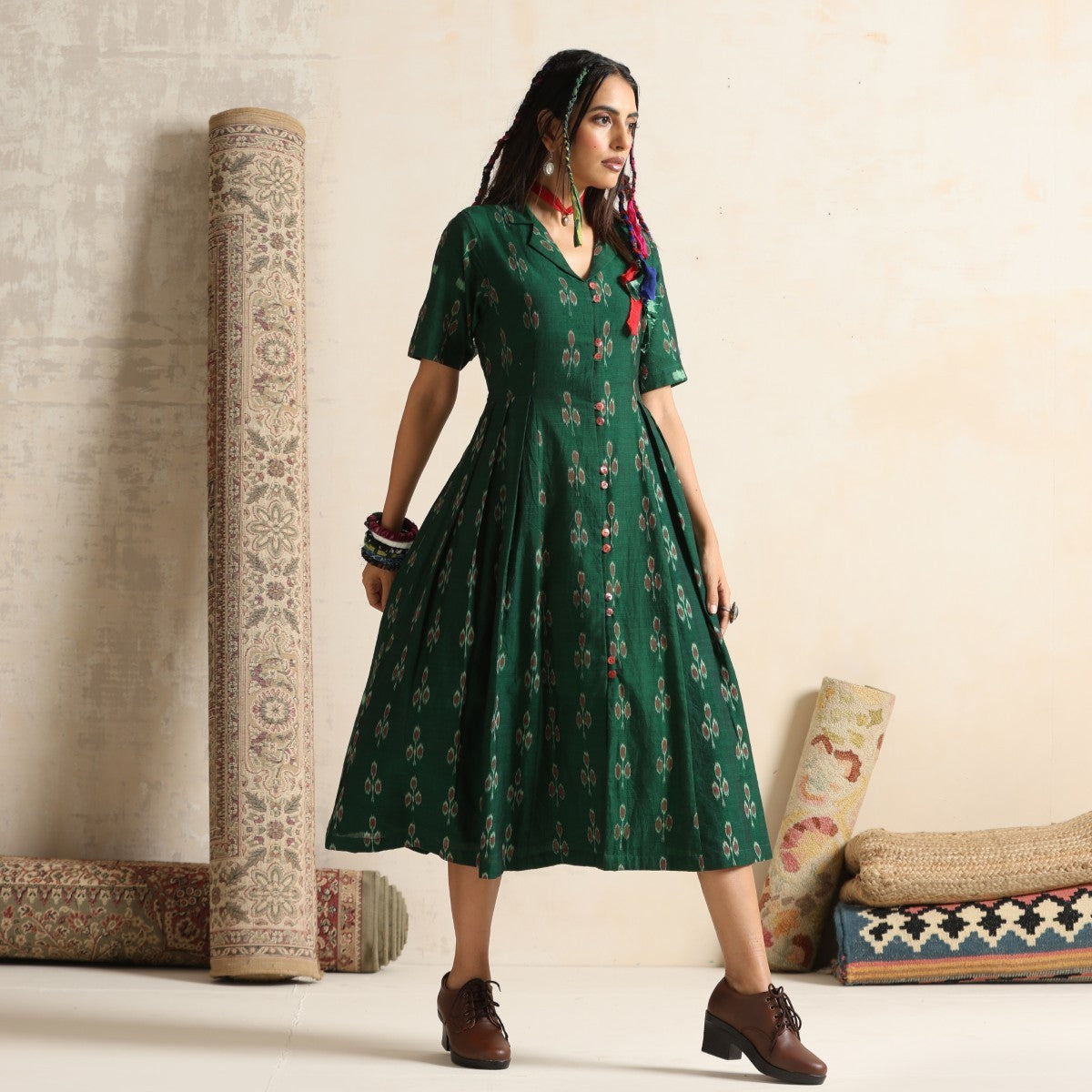 Arzu- Green front button pleated dress