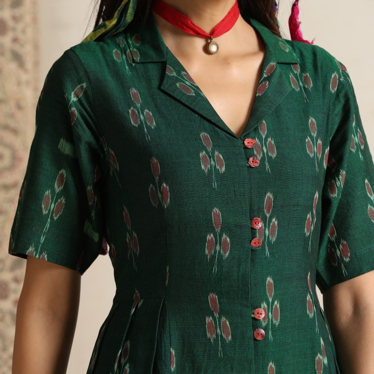 Arzu- Green front button pleated dress