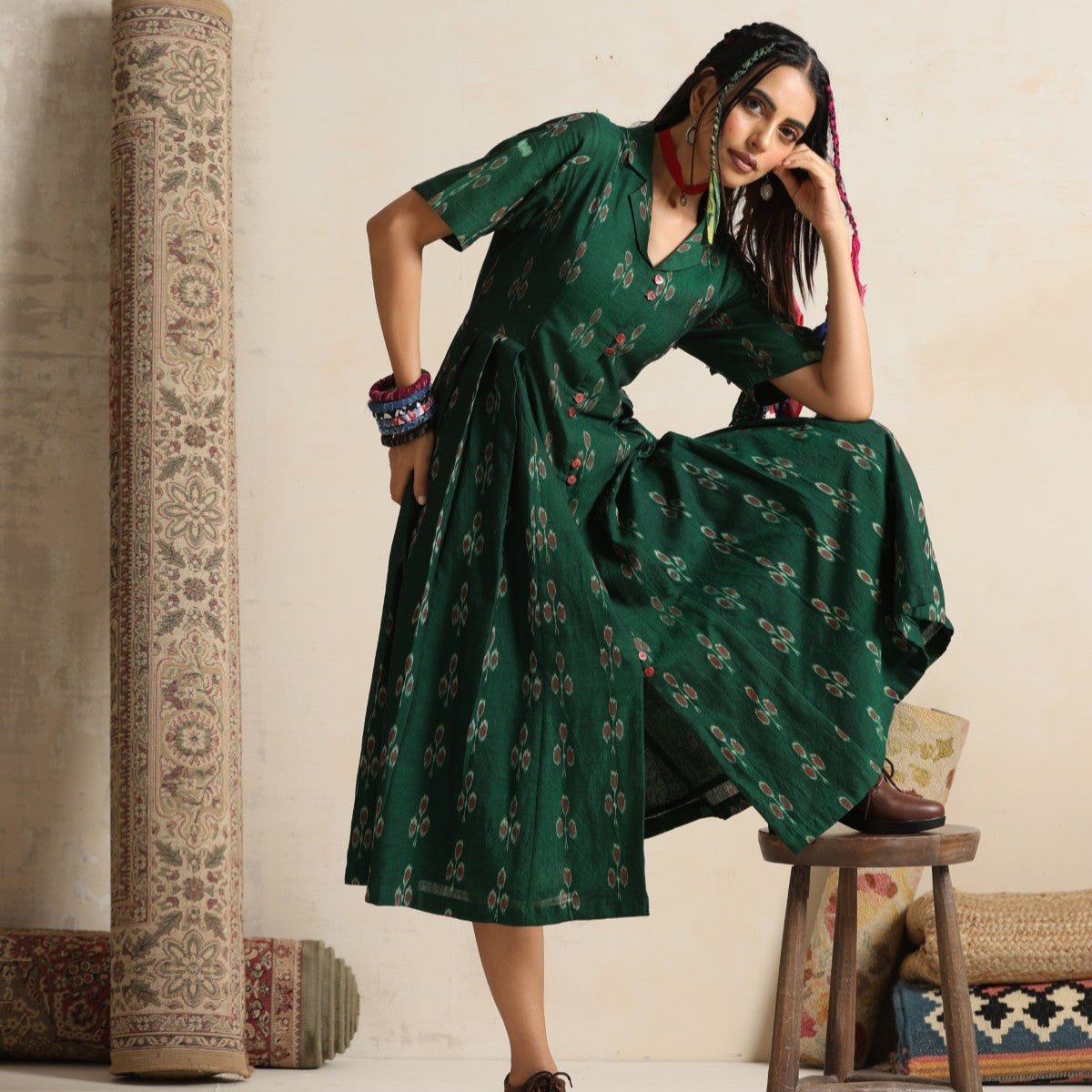 Arzu- Green front button pleated dress