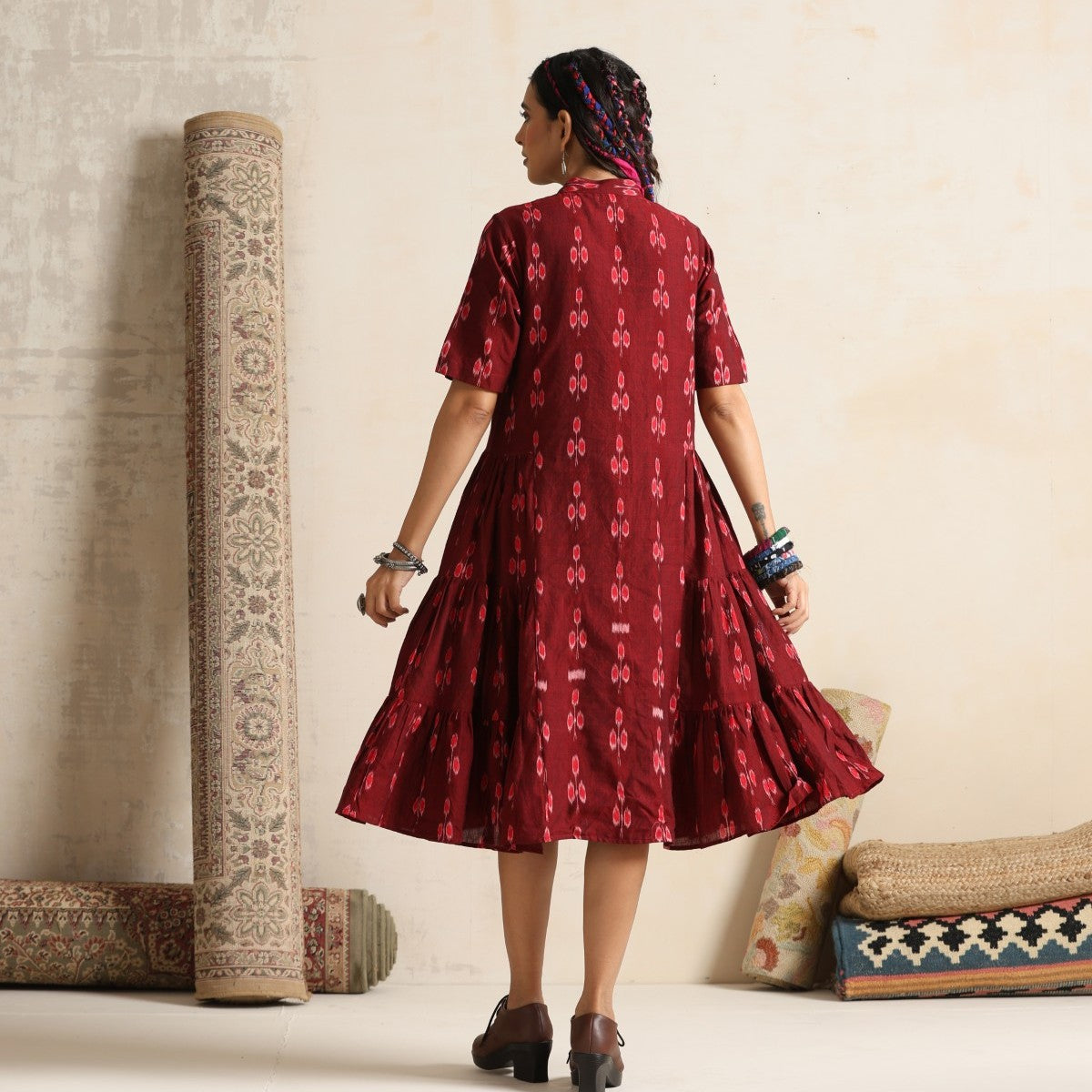 Ruya- Rust handwoven ikat tiered dress