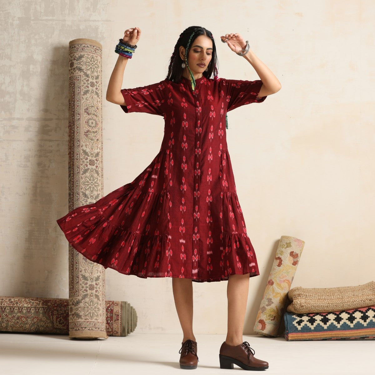 Ruya- Rust handwoven ikat tiered dress